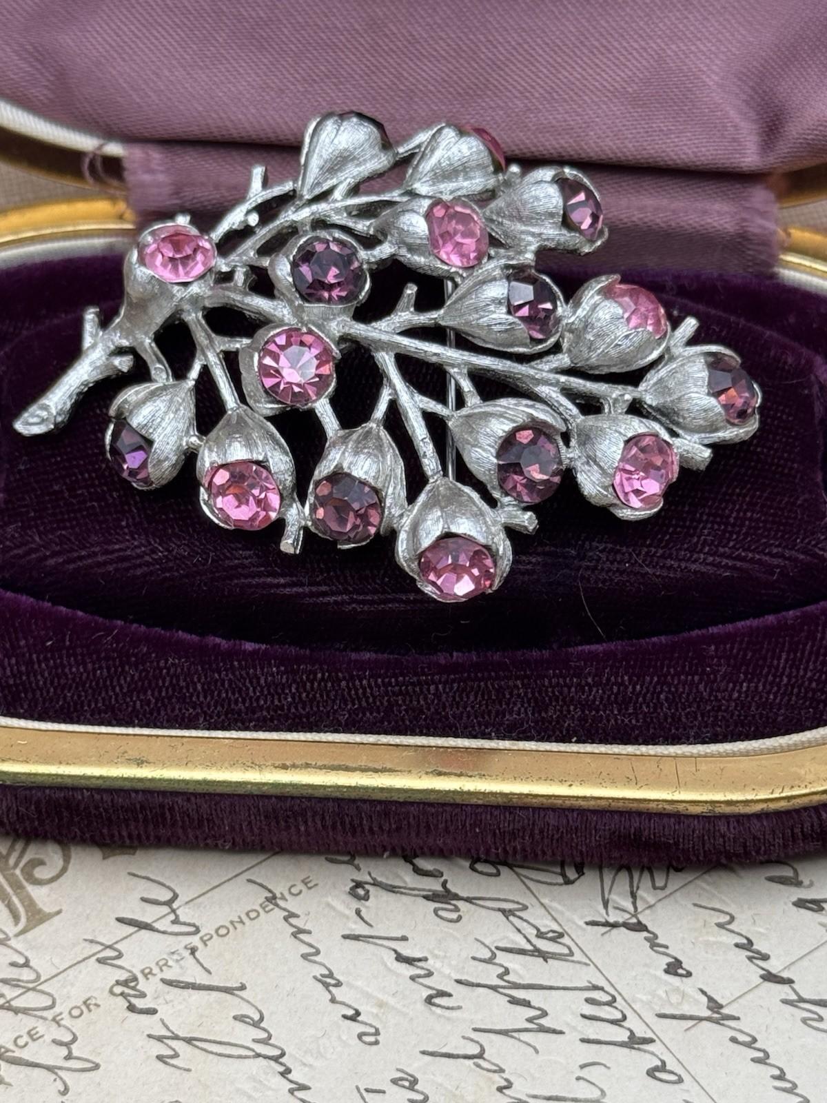 Sarah Coventry Floral Brooch Silver Tone Pink Purple Rhinestones 2.75”