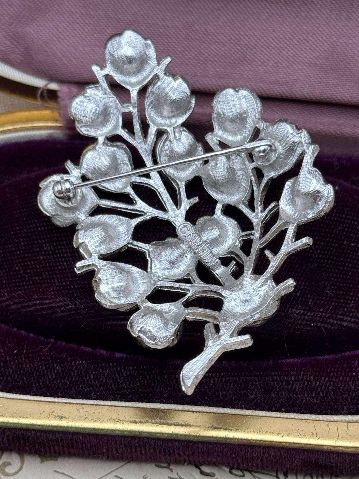 Sarah Coventry Floral Brooch Silver Tone Pink Purple Rhinestones 2.75”