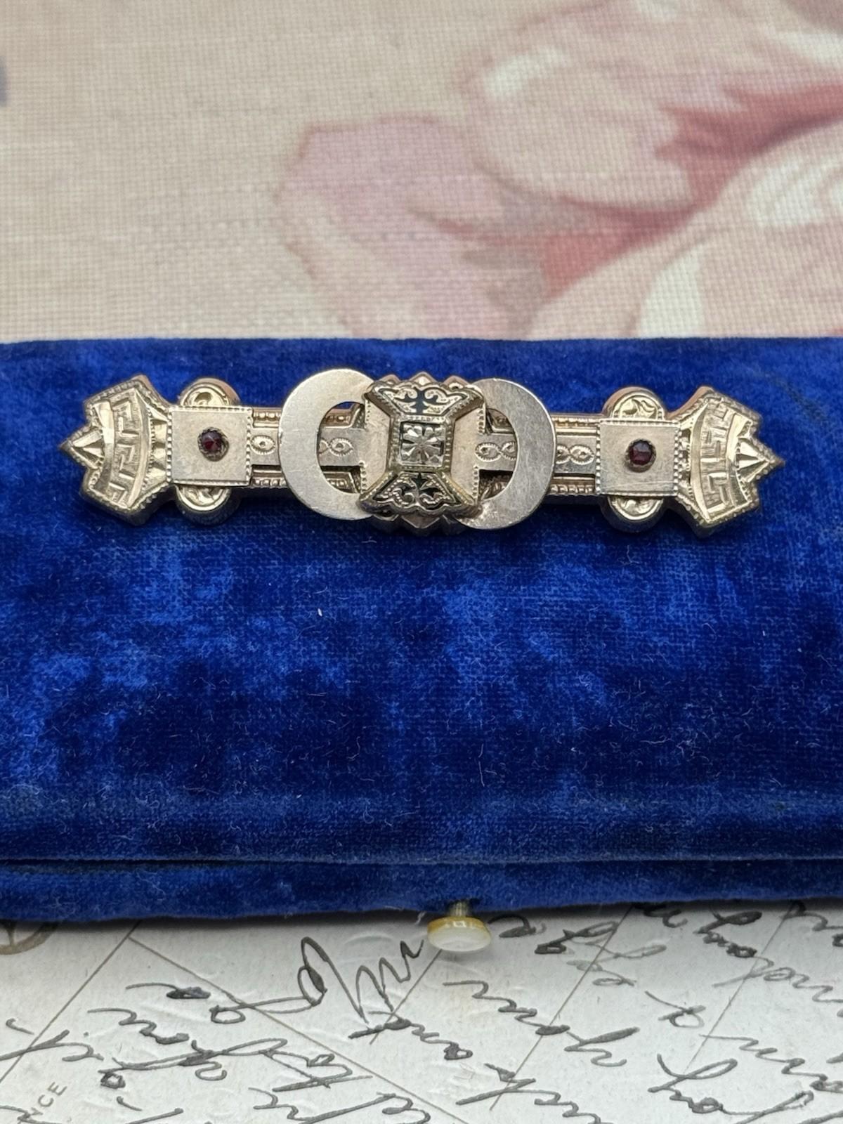 Edwardian Gold Filled Bar Brooch Garnet-Glass Accents Antique Jewelry 2.5”