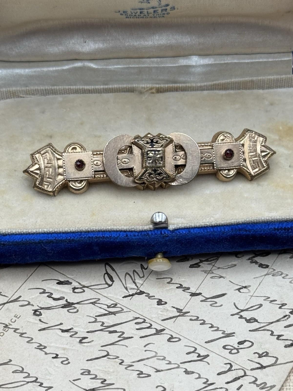 Edwardian Gold Filled Bar Brooch Garnet-Glass Accents Antique Jewelry 2.5”