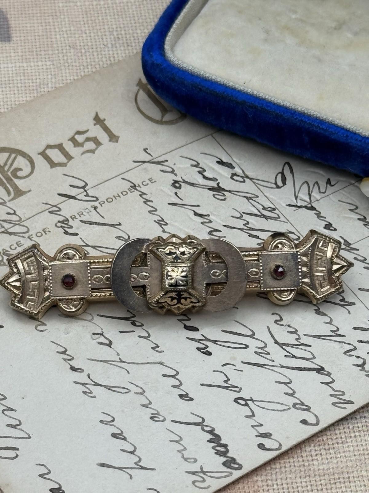 Edwardian Gold Filled Bar Brooch Garnet-Glass Accents Antique Jewelry 2.5”
