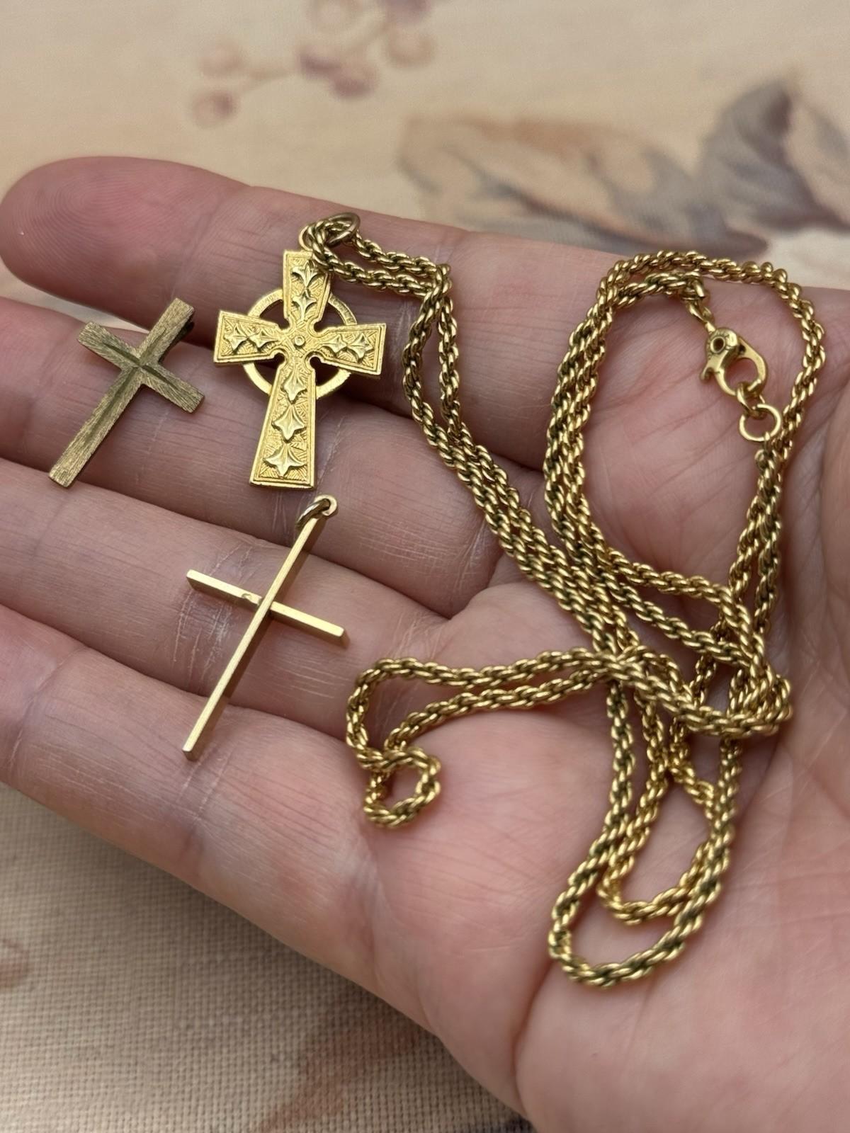 Vintage Monet Gold Tone Rope Chain Necklace w/ 3 Cross Pendants 24”