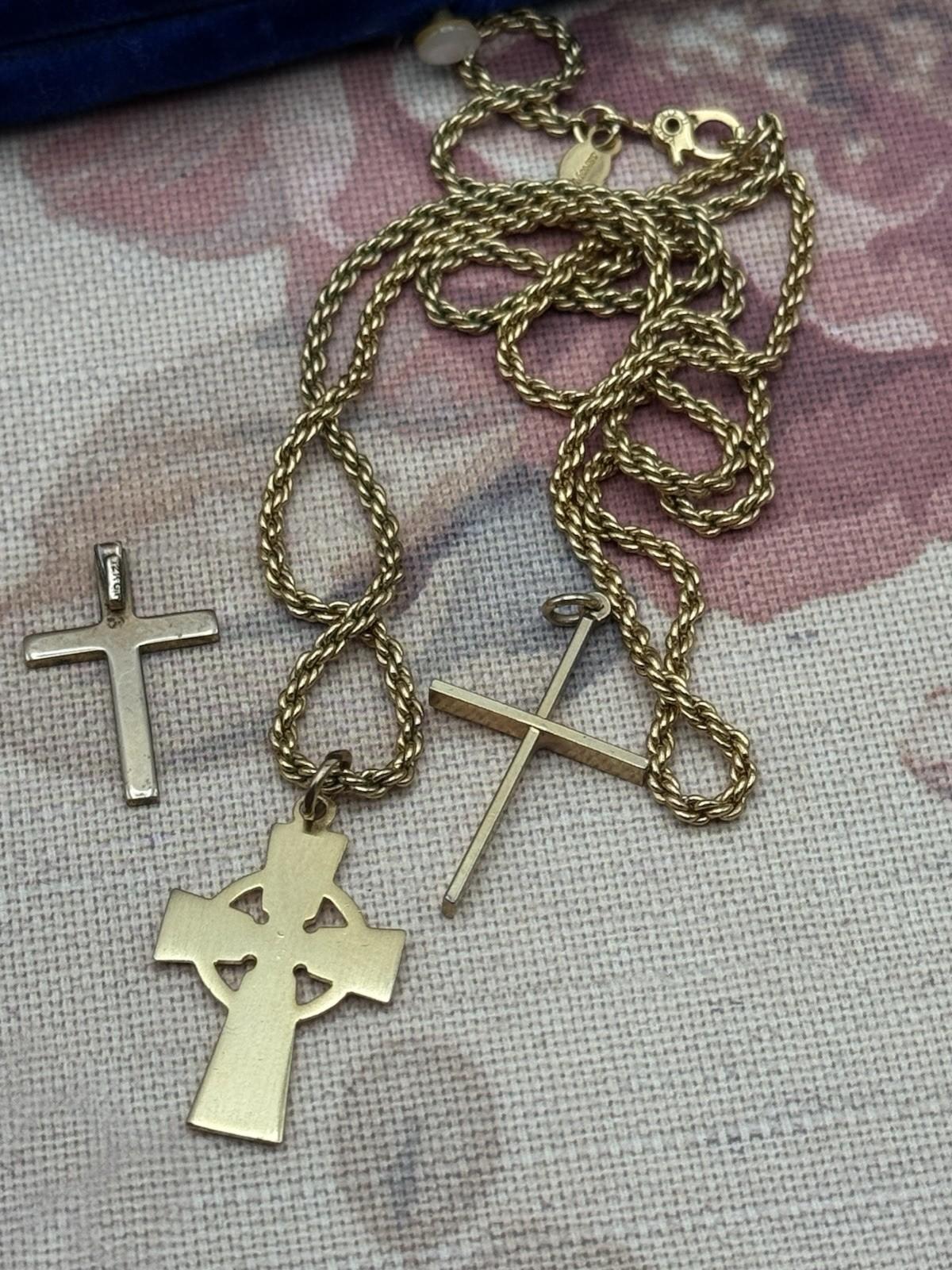 Vintage Monet Gold Tone Rope Chain Necklace w/ 3 Cross Pendants 24”