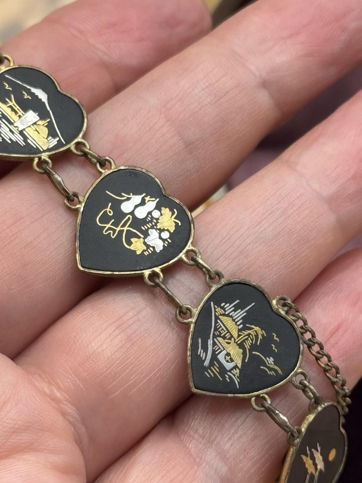 Vintage Japanese Damascene Bracelet Heart Panels Goldtone Black Inlay 7.25”