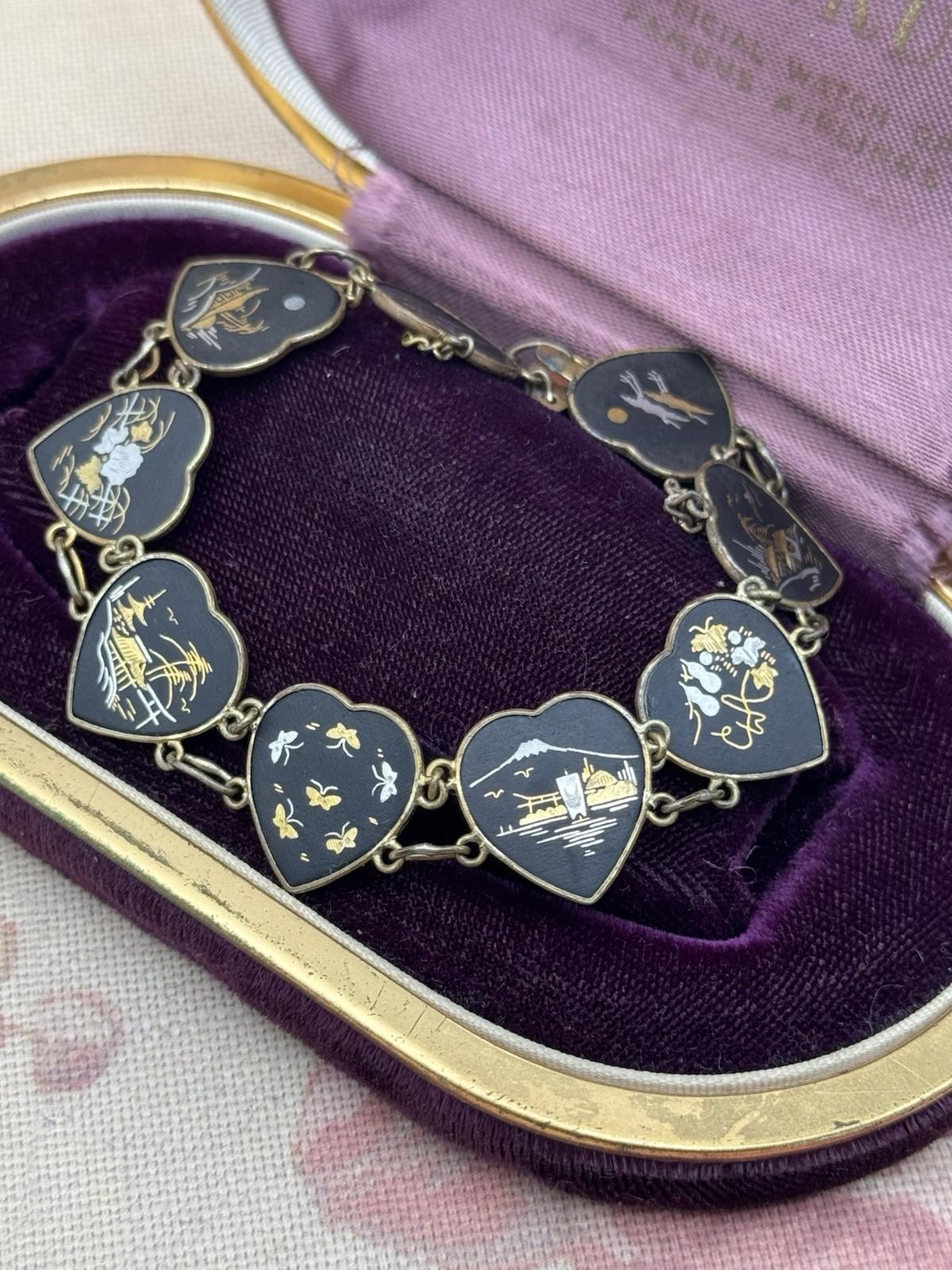 Vintage Japanese Damascene Bracelet Heart Panels Goldtone Black Inlay 7.25”