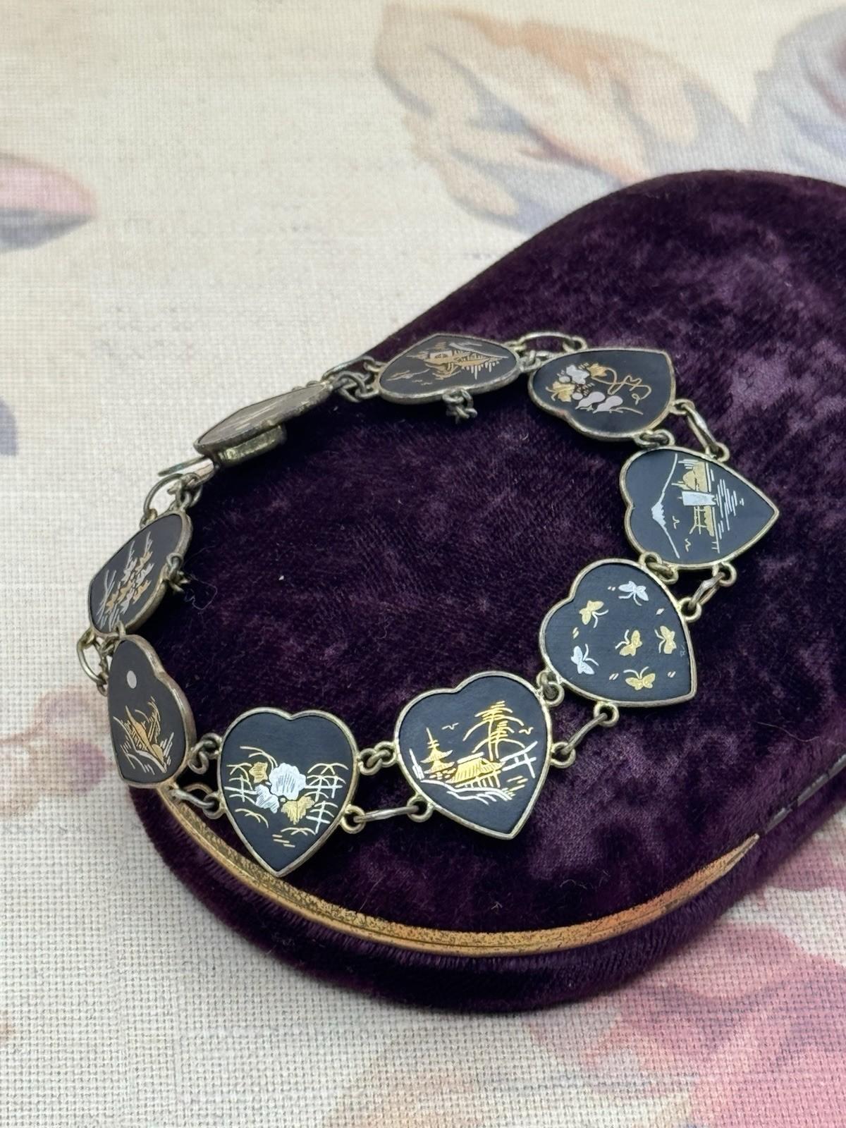 Vintage Japanese Damascene Bracelet Heart Panels Goldtone Black Inlay 7.25”