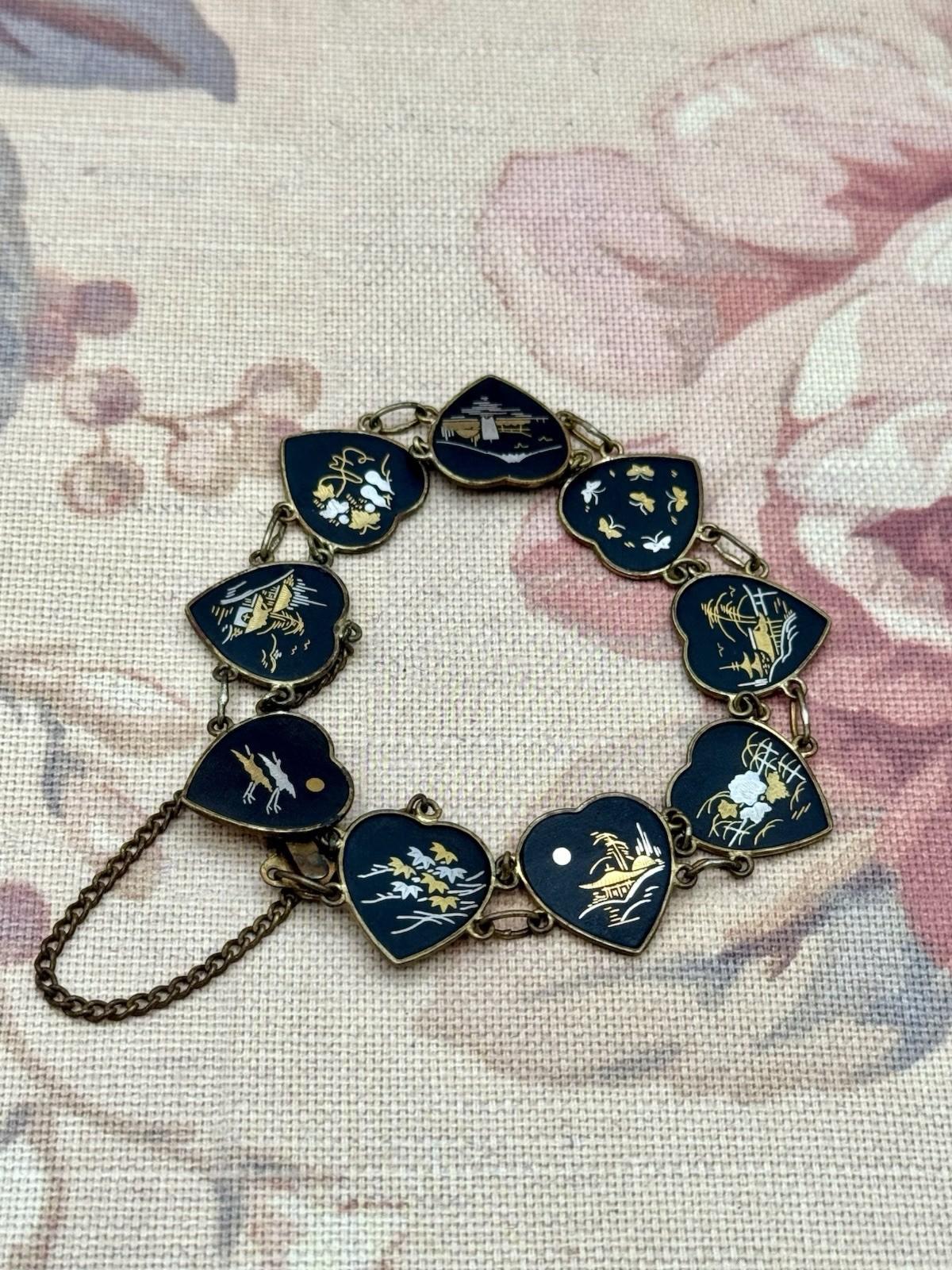 Vintage Japanese Damascene Bracelet Heart Panels Goldtone Black Inlay 7.25”