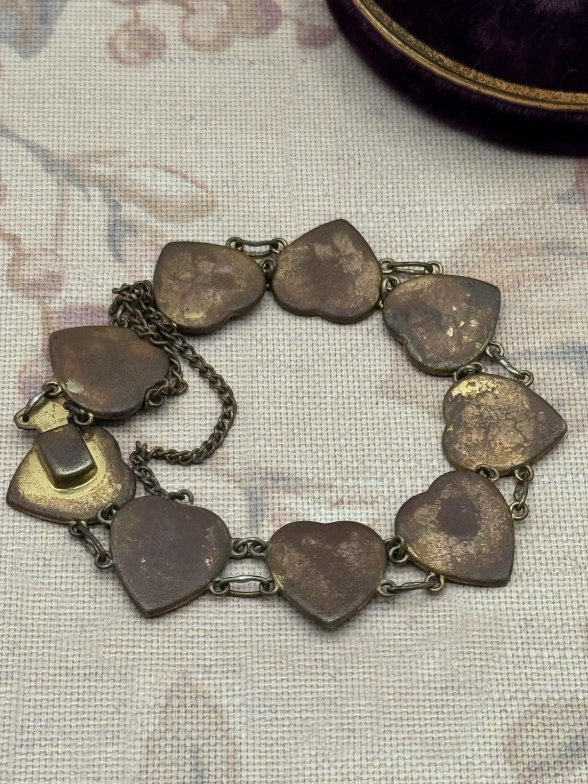 Vintage Japanese Damascene Bracelet Heart Panels Goldtone Black Inlay 7.25”