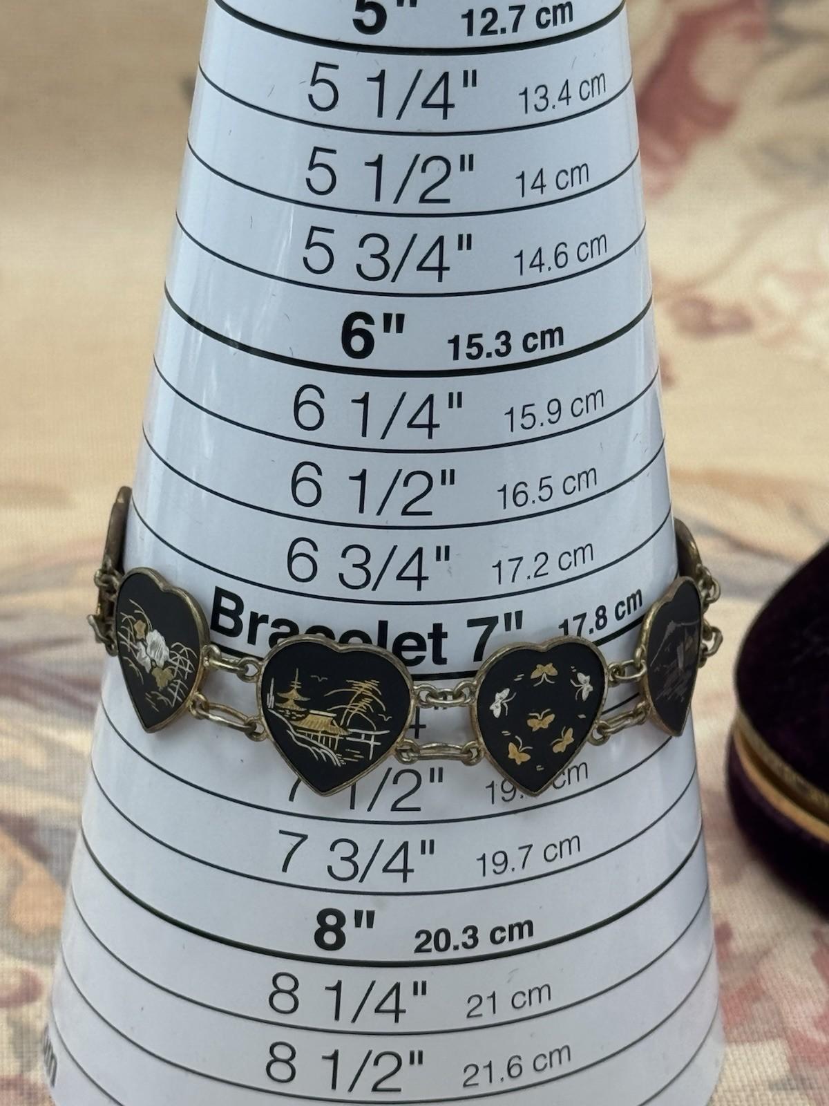 Vintage Japanese Damascene Bracelet Heart Panels Goldtone Black Inlay 7.25”