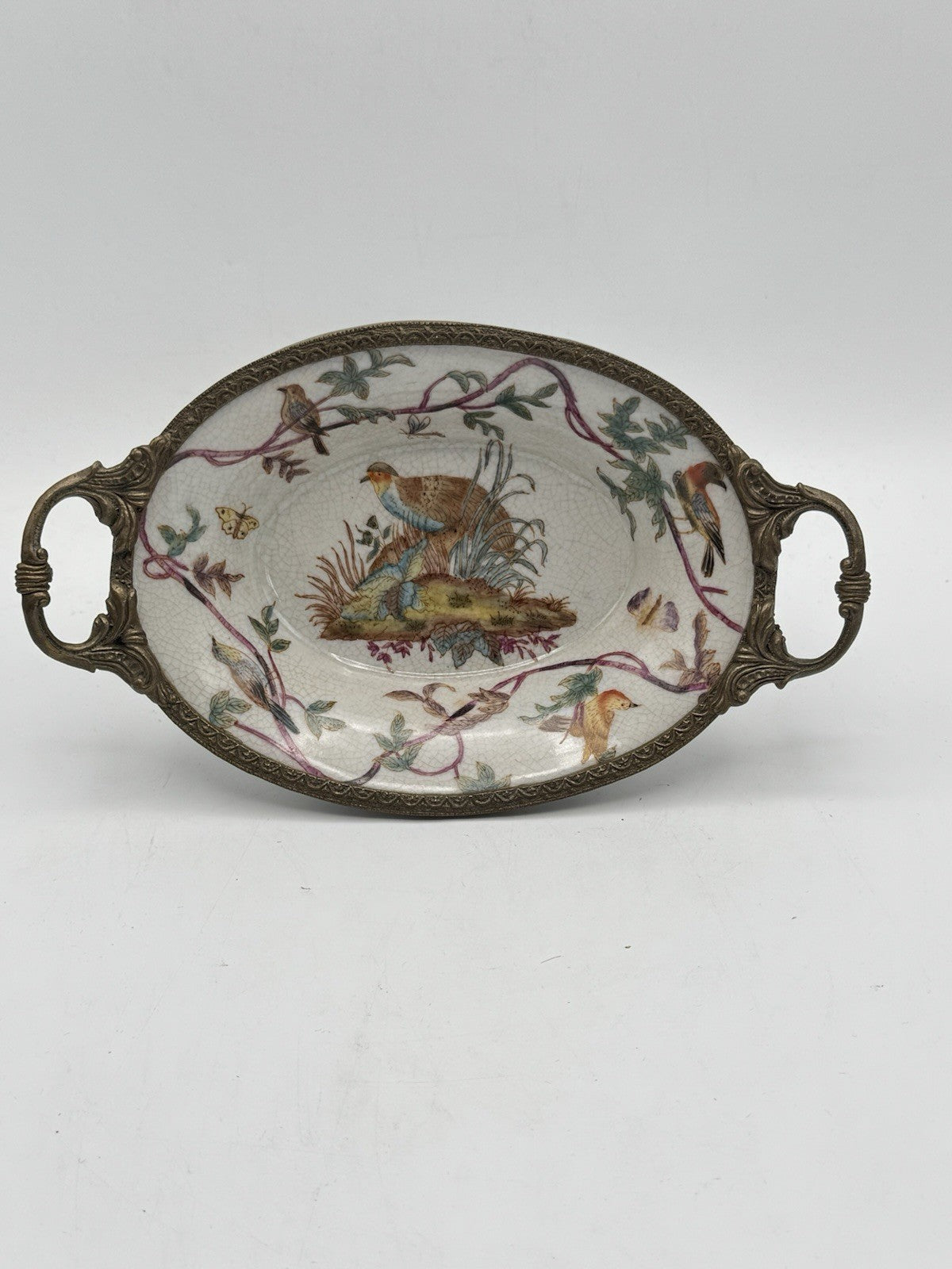 Gilt Porcelain Bowl – Hand Painted Birds with Metal Handles – 8” VINTAGE