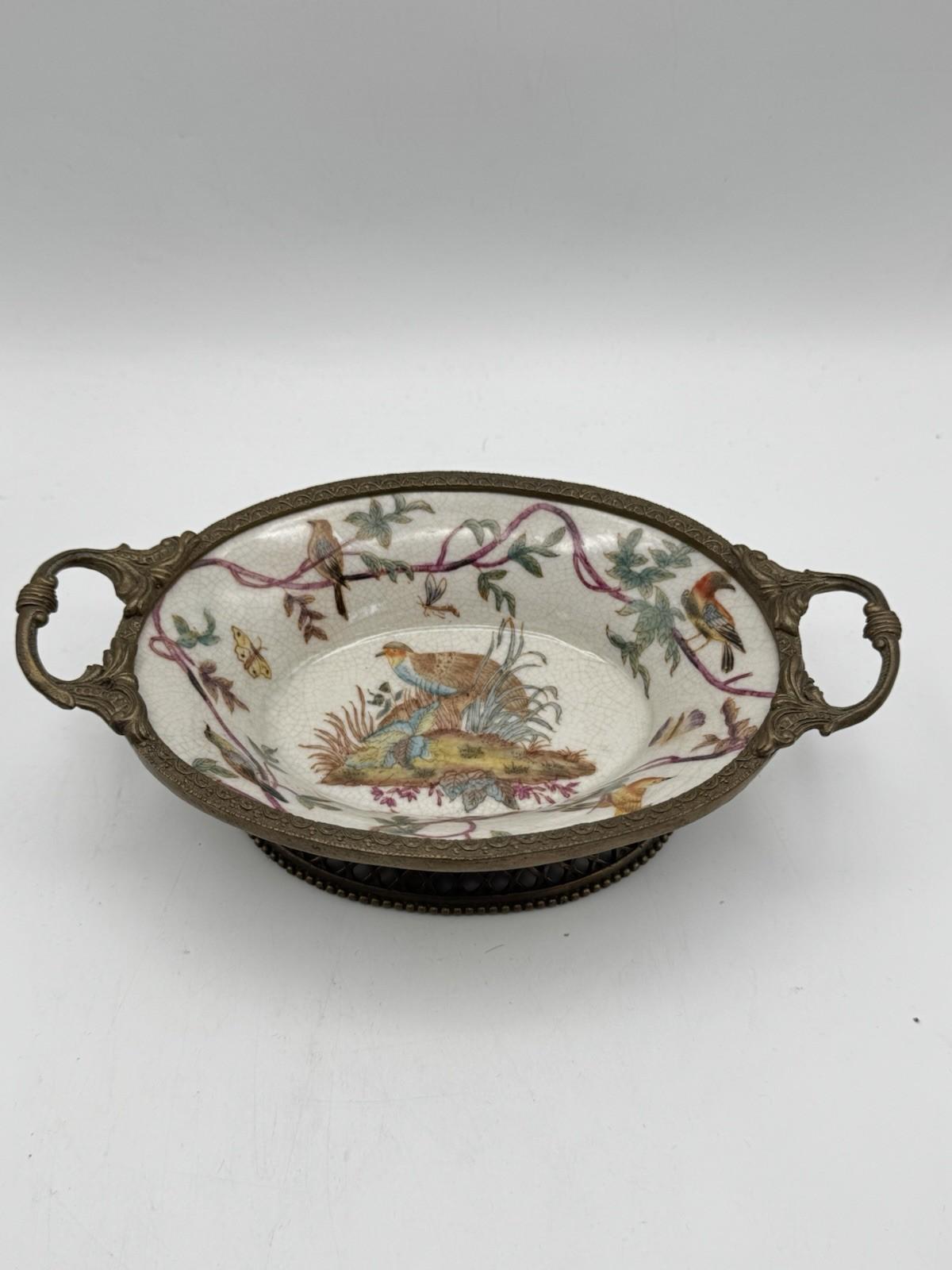 Gilt Porcelain Bowl – Hand Painted Birds with Metal Handles – 8” VINTAGE