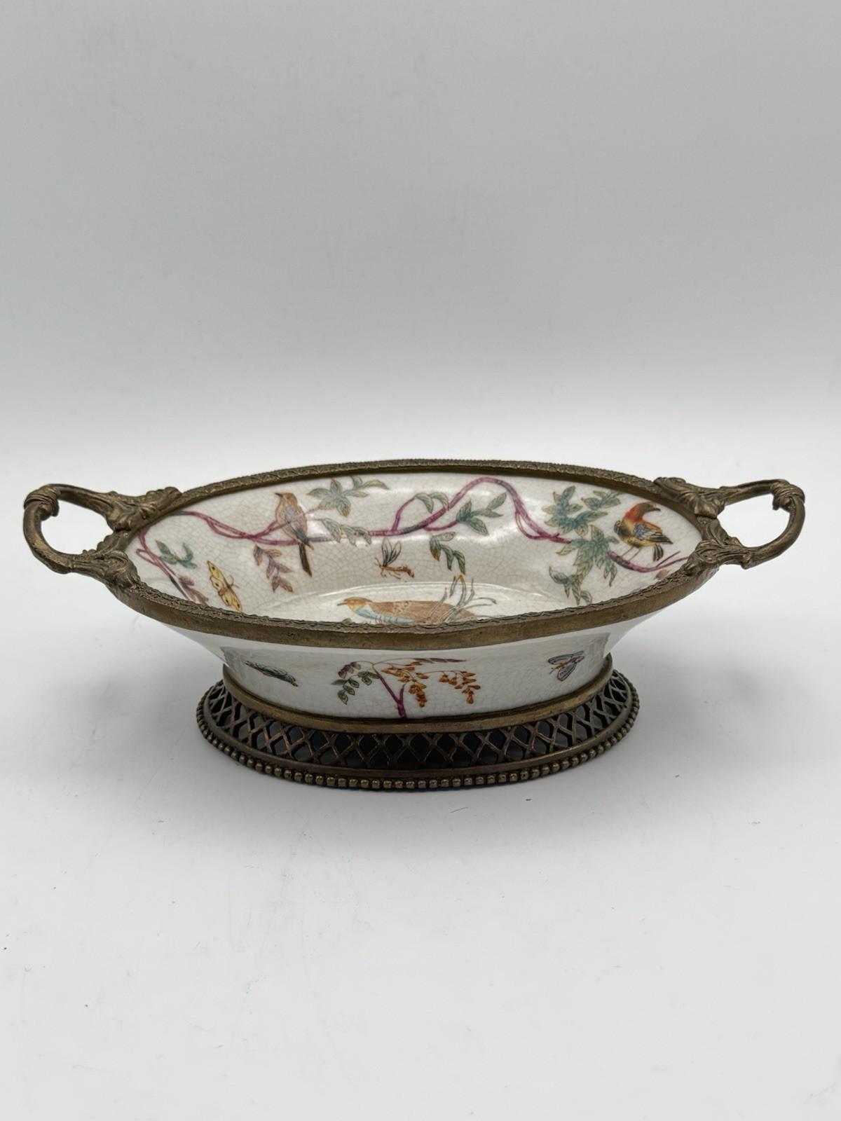 Gilt Porcelain Bowl – Hand Painted Birds with Metal Handles – 8” VINTAGE