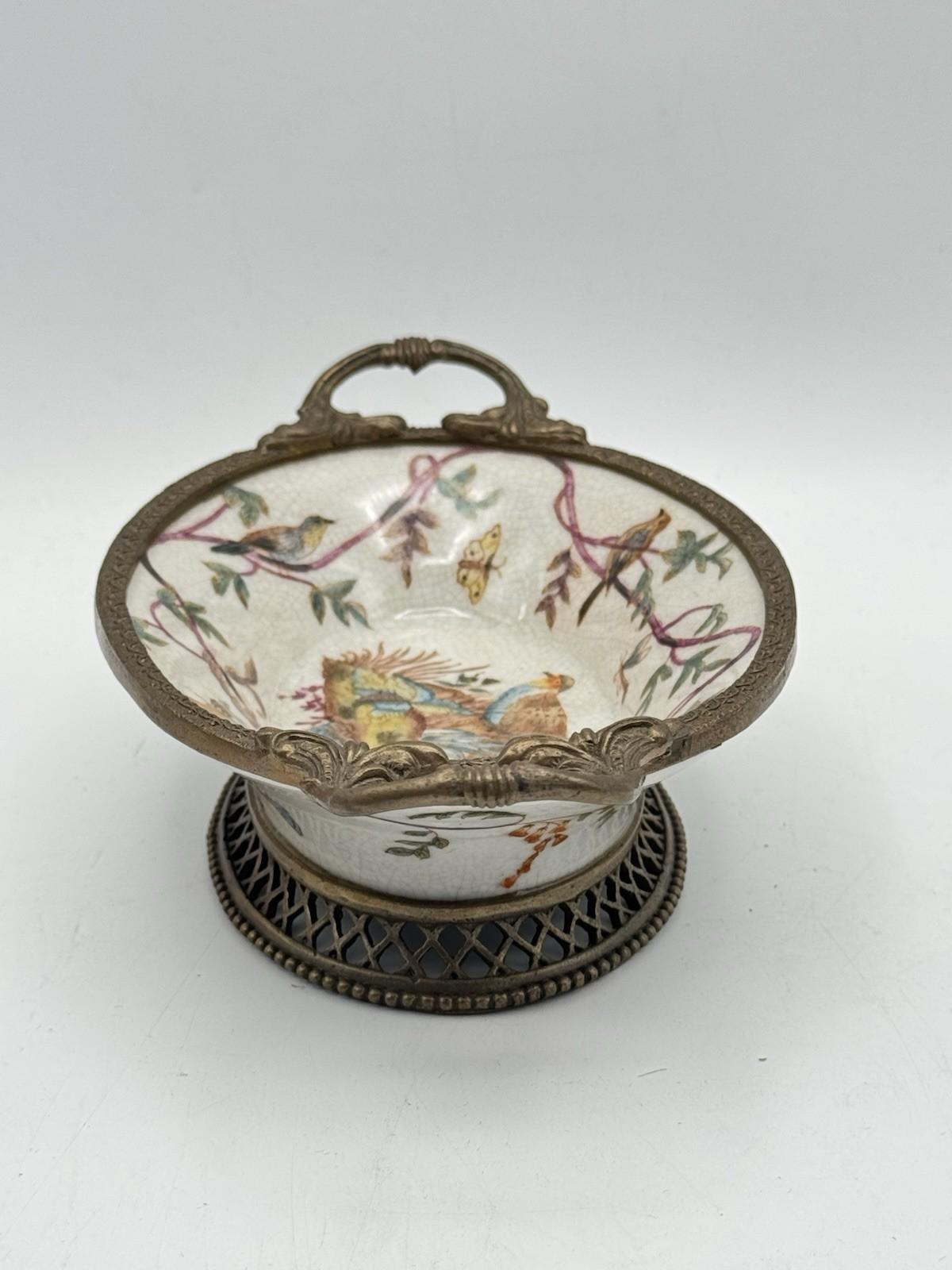Gilt Porcelain Bowl – Hand Painted Birds with Metal Handles – 8” VINTAGE