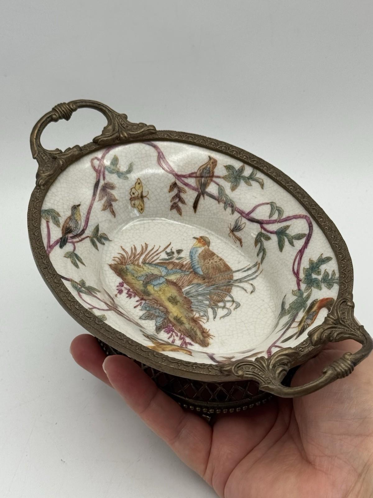 Gilt Porcelain Bowl – Hand Painted Birds with Metal Handles – 8” VINTAGE