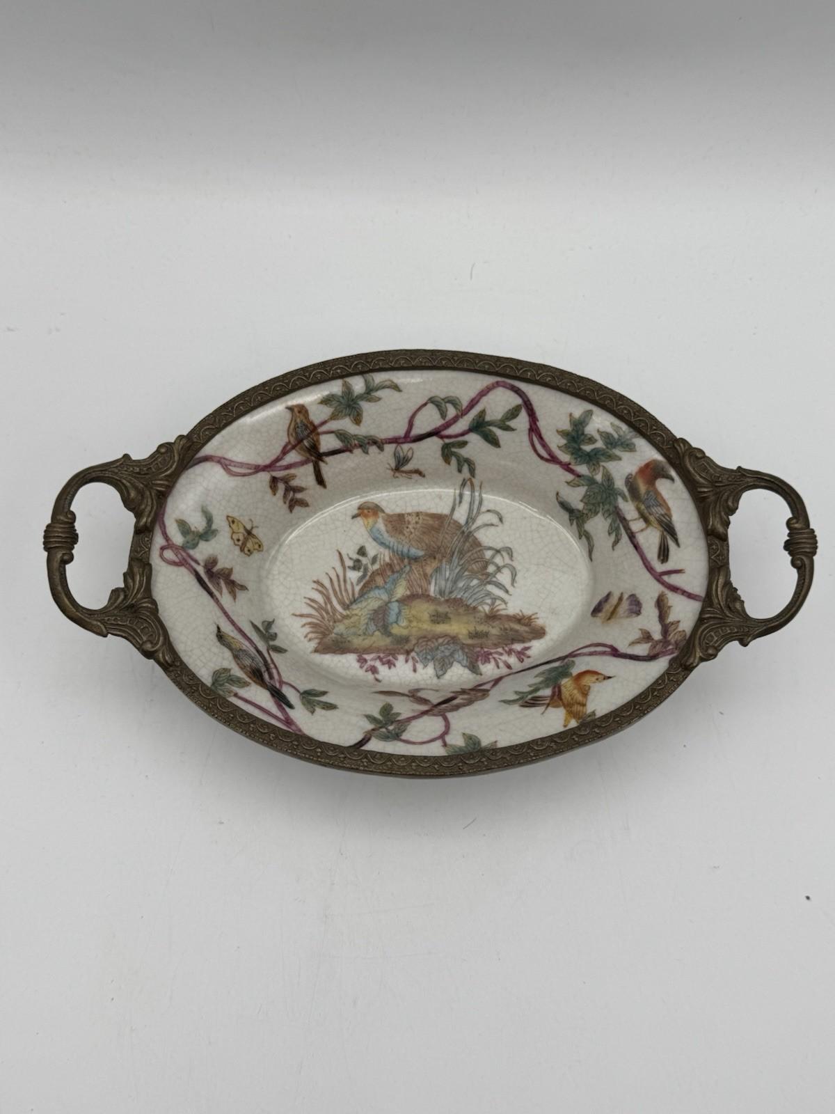 Gilt Porcelain Bowl – Hand Painted Birds with Metal Handles – 8” VINTAGE