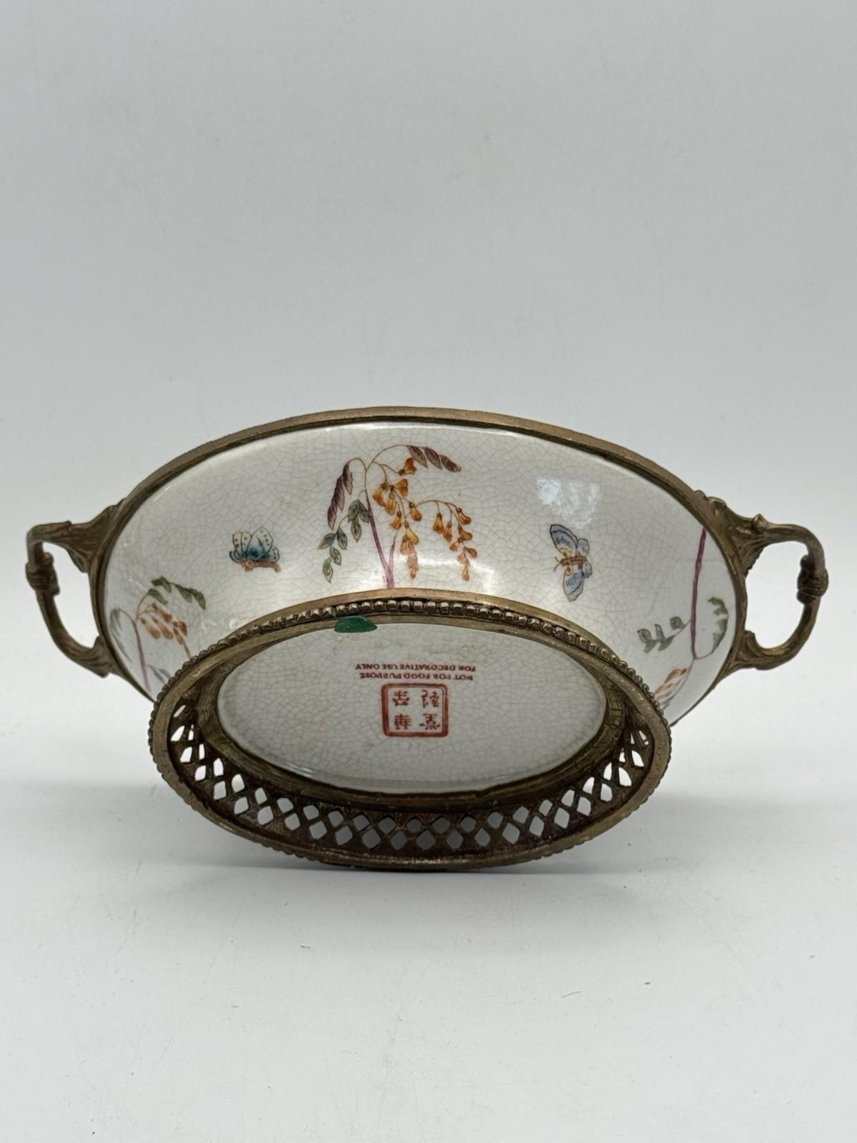 Gilt Porcelain Bowl – Hand Painted Birds with Metal Handles – 8” VINTAGE
