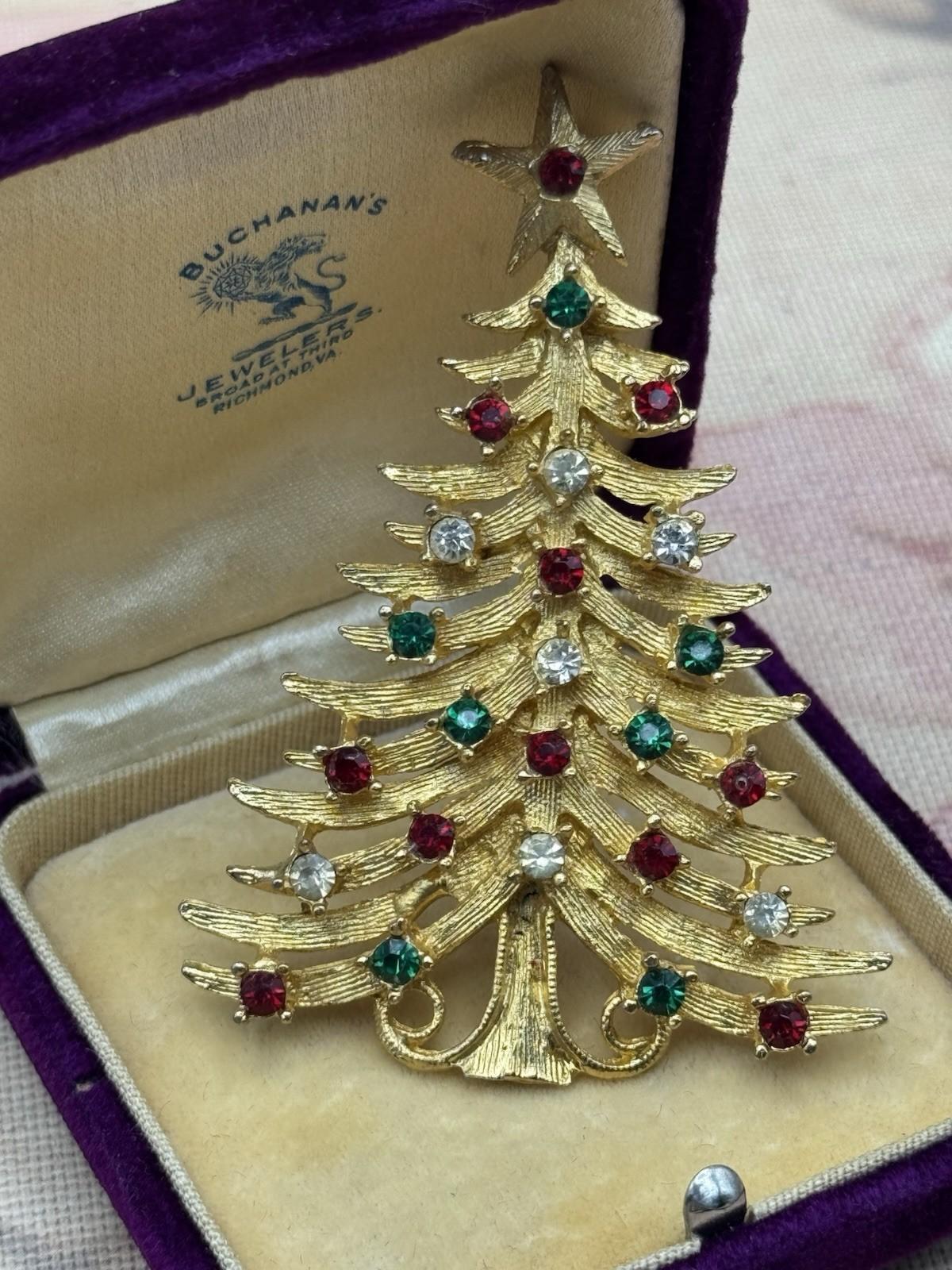 Christmas Tree Brooch SIGNED MYLU Vintage Rhinestone Holiday Pin 2.5” x 1.75”