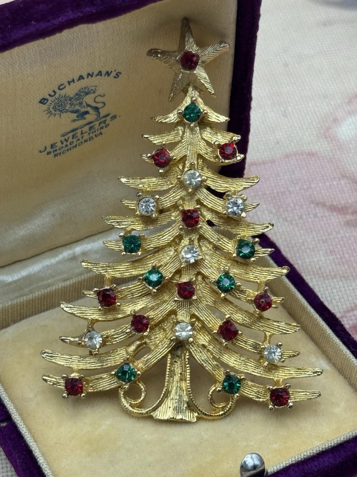 Christmas Tree Brooch SIGNED MYLU Vintage Rhinestone Holiday Pin 2.5” x 1.75”