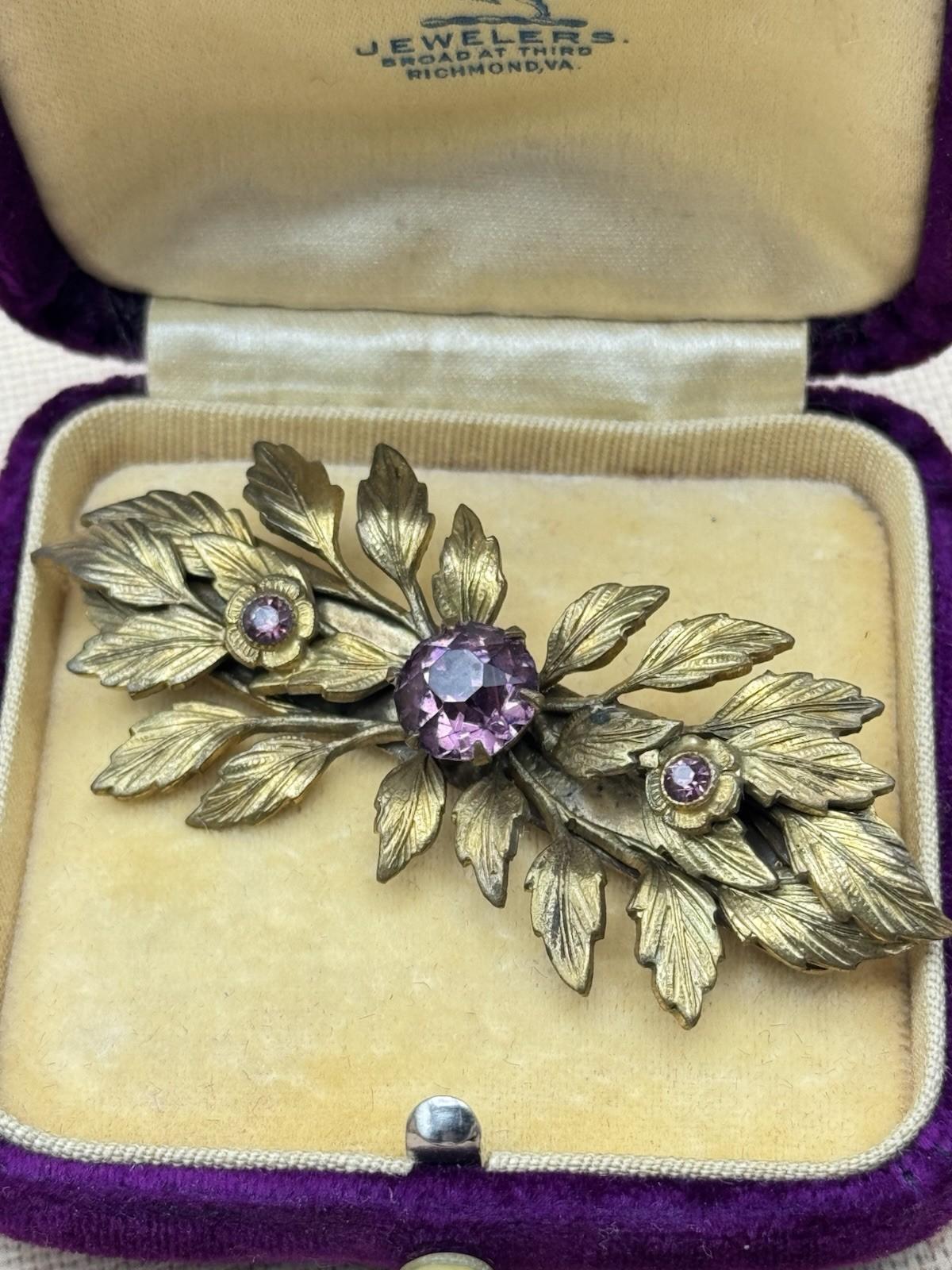 Antique Gilt Brooch Purple Glass Floral Bar Pin 2.25” x 1”