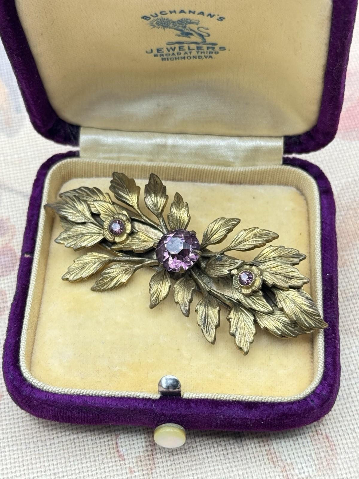 Antique Gilt Brooch Purple Glass Floral Bar Pin 2.25” x 1”