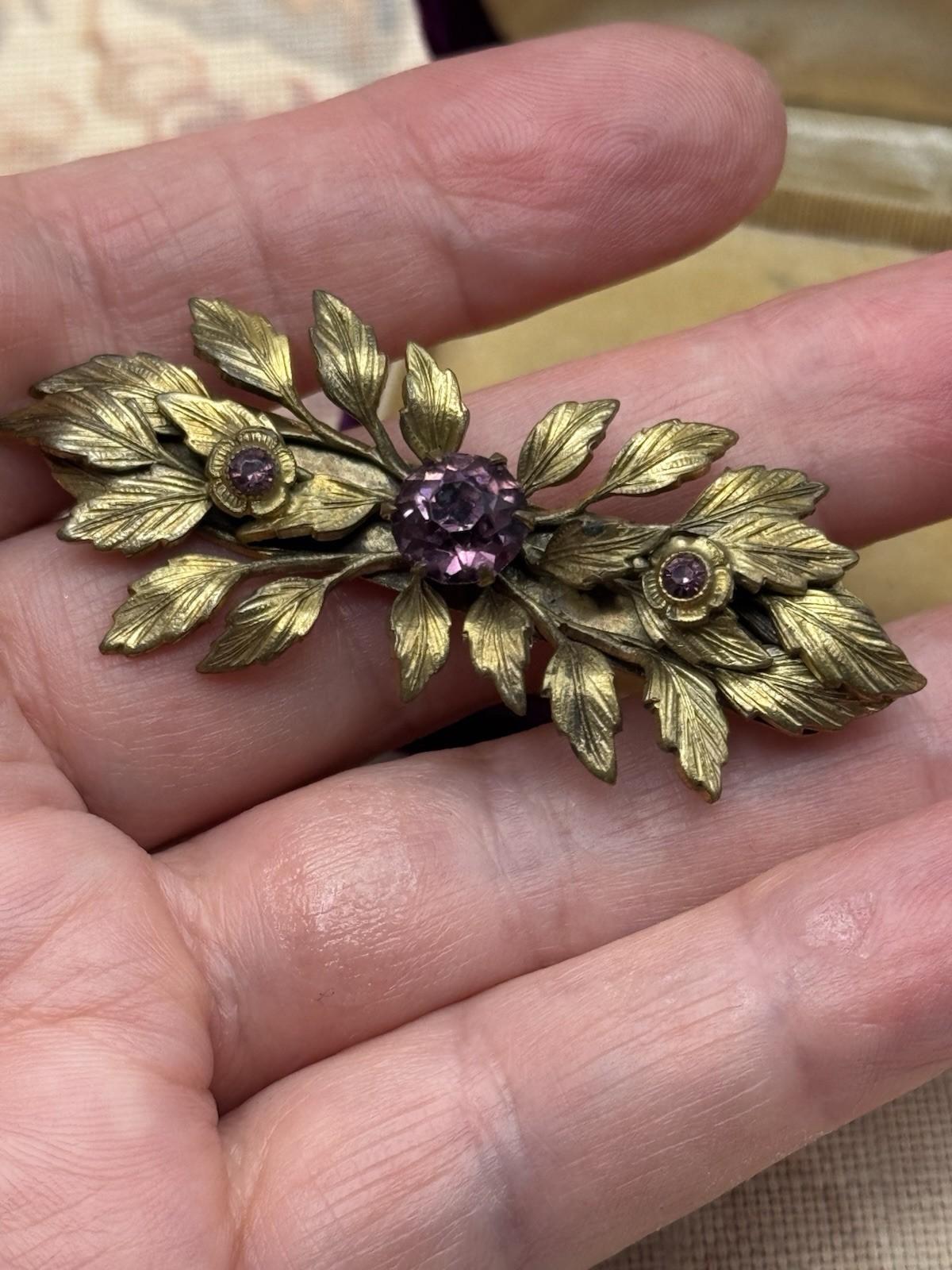 Antique Gilt Brooch Purple Glass Floral Bar Pin 2.25” x 1”