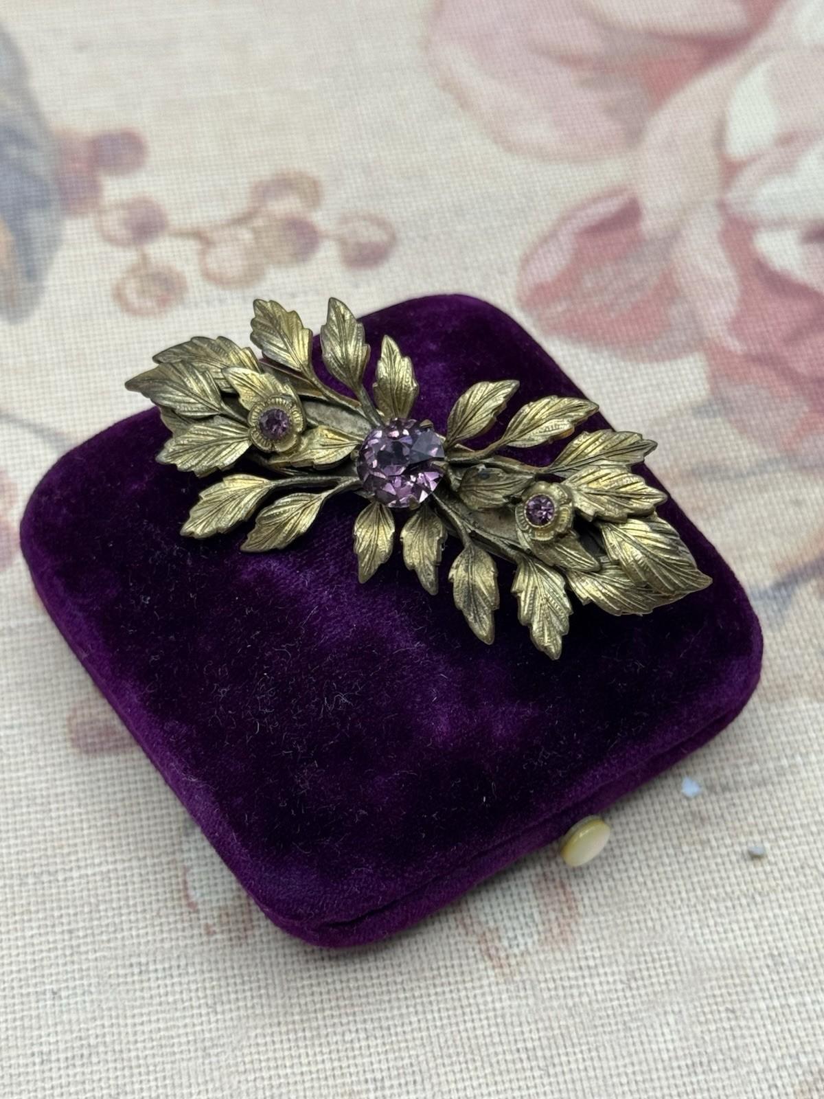 Antique Gilt Brooch Purple Glass Floral Bar Pin 2.25” x 1”