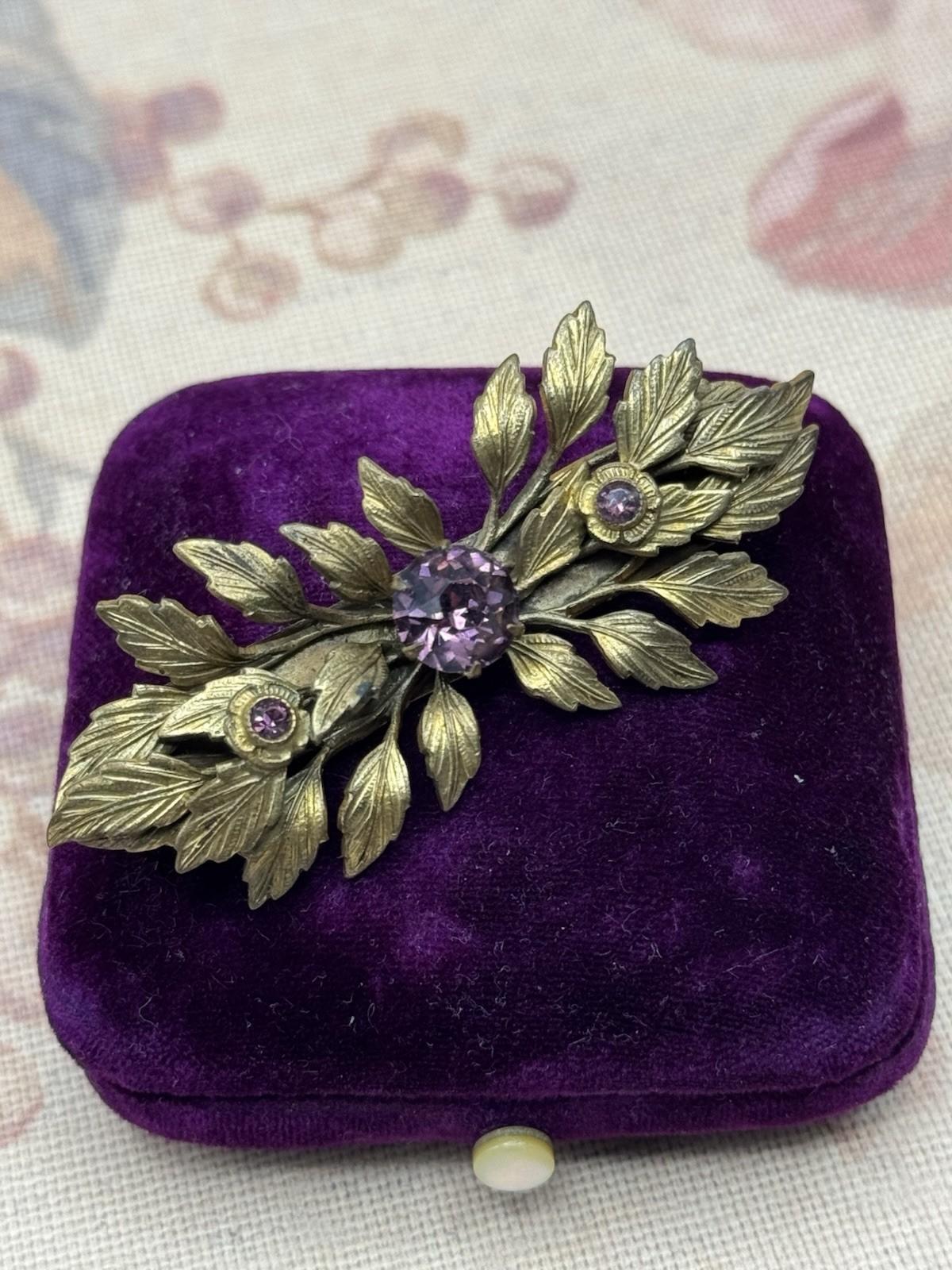 Antique Gilt Brooch Purple Glass Floral Bar Pin 2.25” x 1”