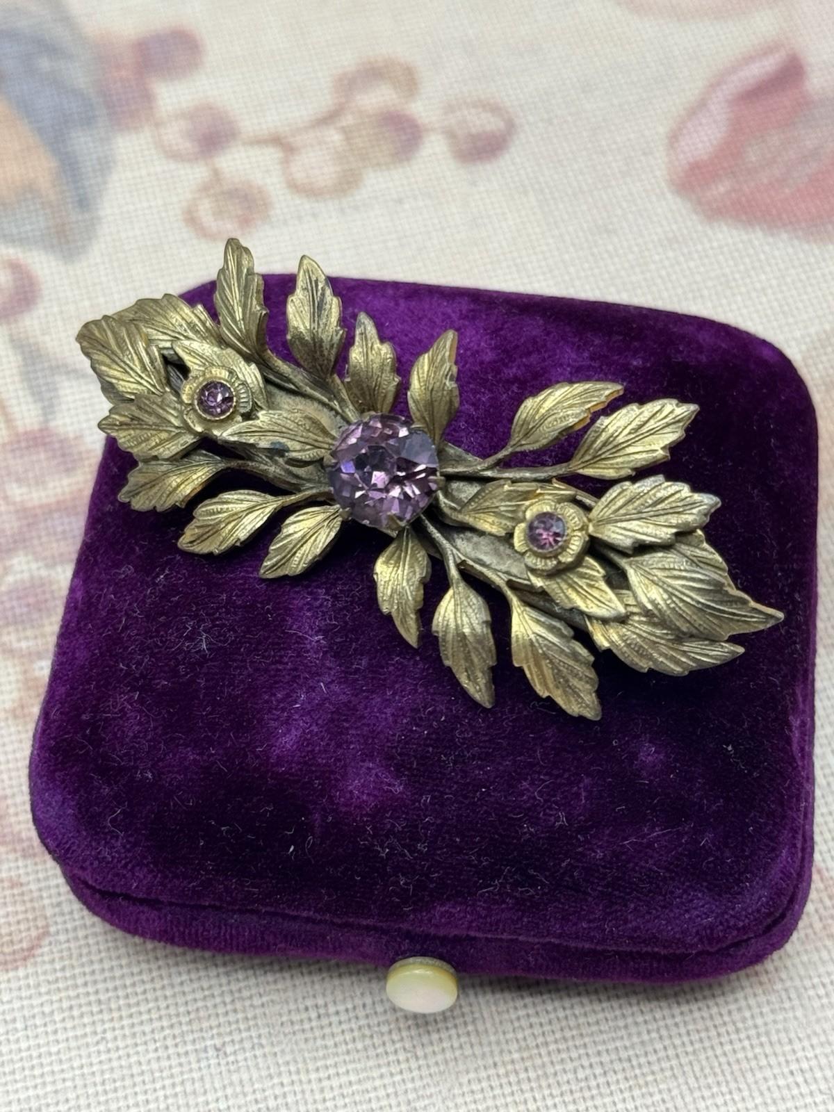 Antique Gilt Brooch Purple Glass Floral Bar Pin 2.25” x 1”