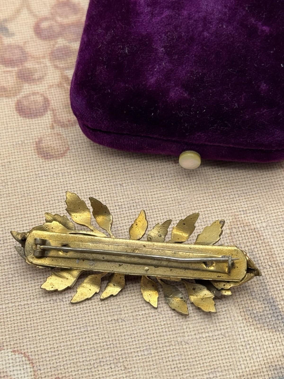 Antique Gilt Brooch Purple Glass Floral Bar Pin 2.25” x 1”