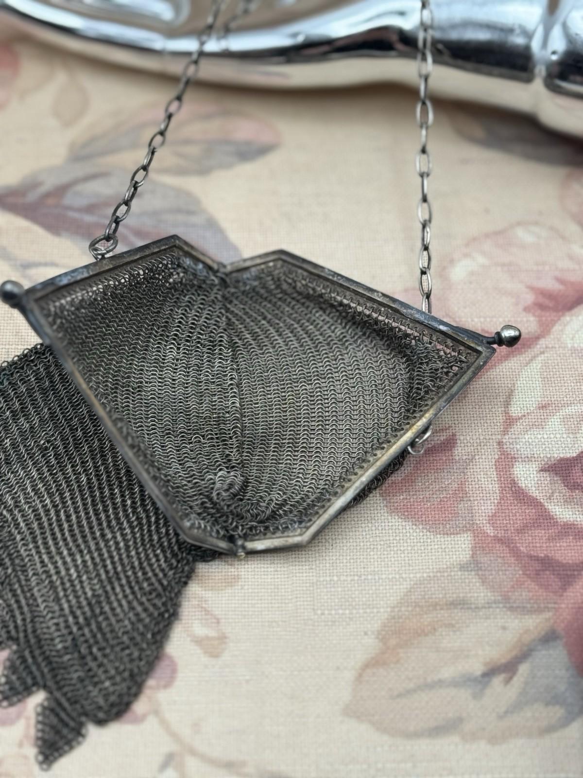 Antique Chatelaine Purse Silvertone Mesh Bag 6.5” x 4” AS IS Small Imperfections
