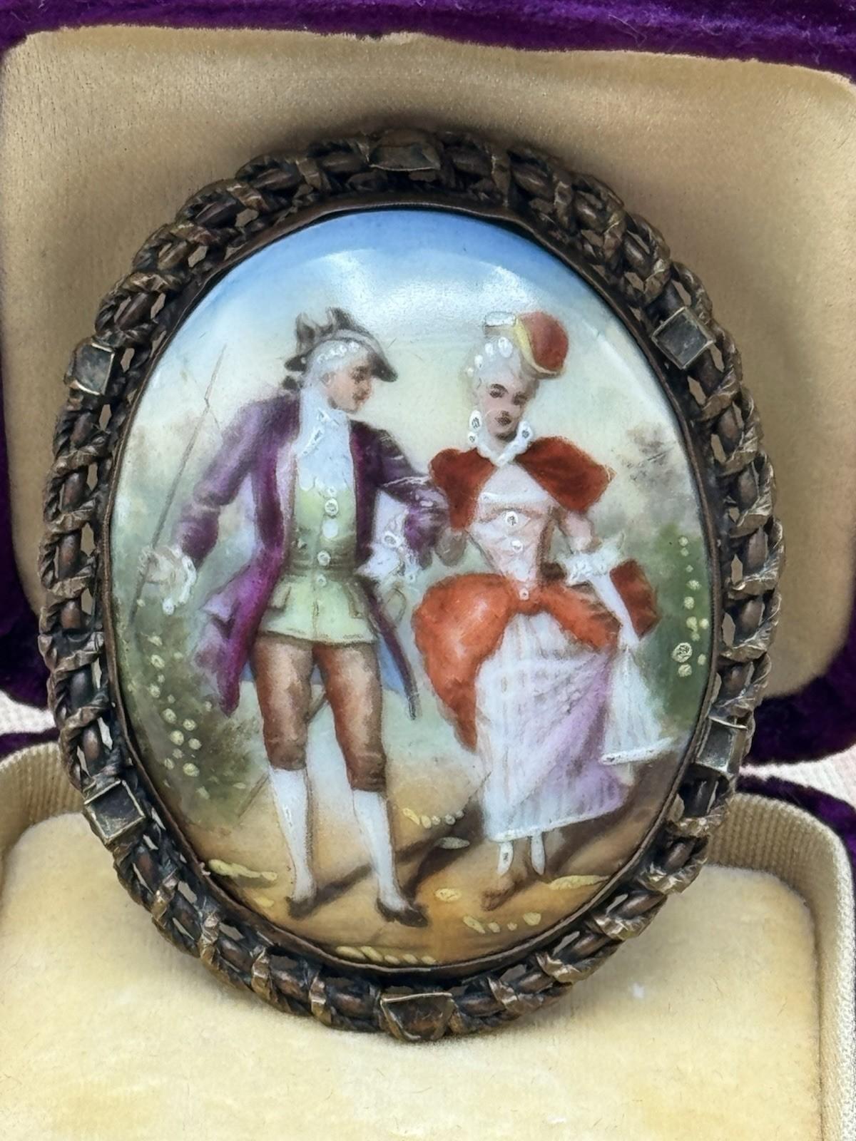 Antique French Brooch Courting Couple Porcelain Plaque 2.16” x 1.77” c.1900
