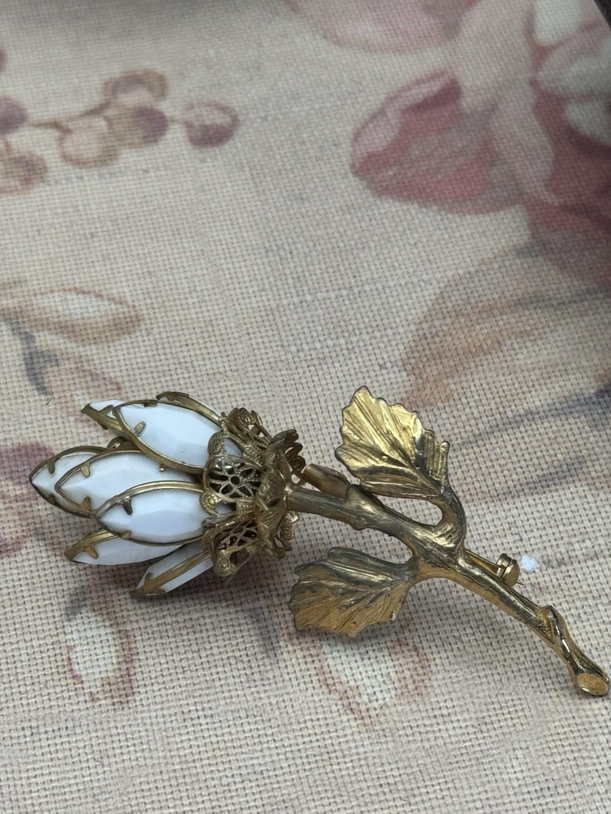 Vintage Brooch Milk Glass Flower Gold Tone Stem and Leaves 2.75” x 1.25”