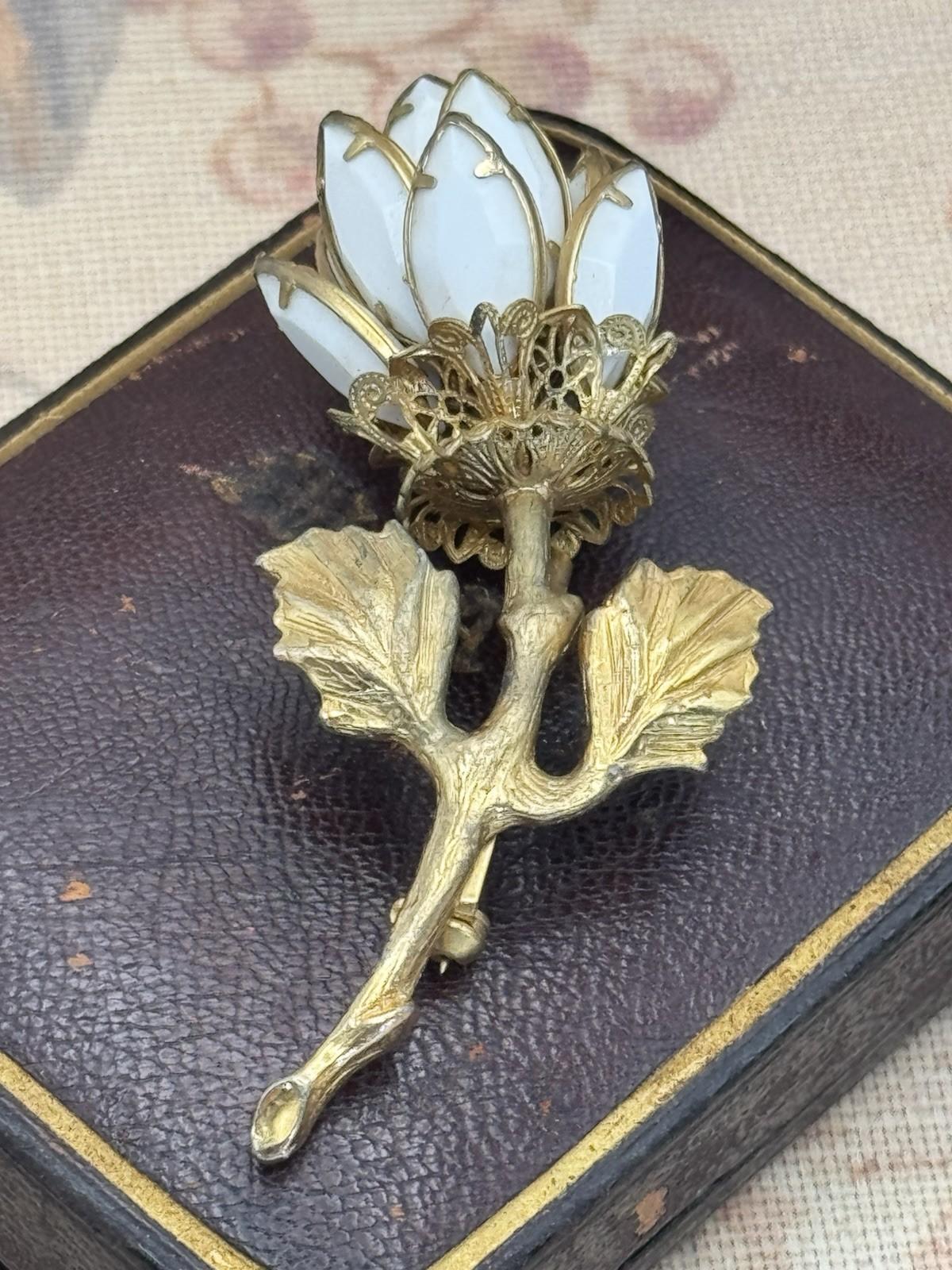 Vintage Brooch Milk Glass Flower Gold Tone Stem and Leaves 2.75” x 1.25”