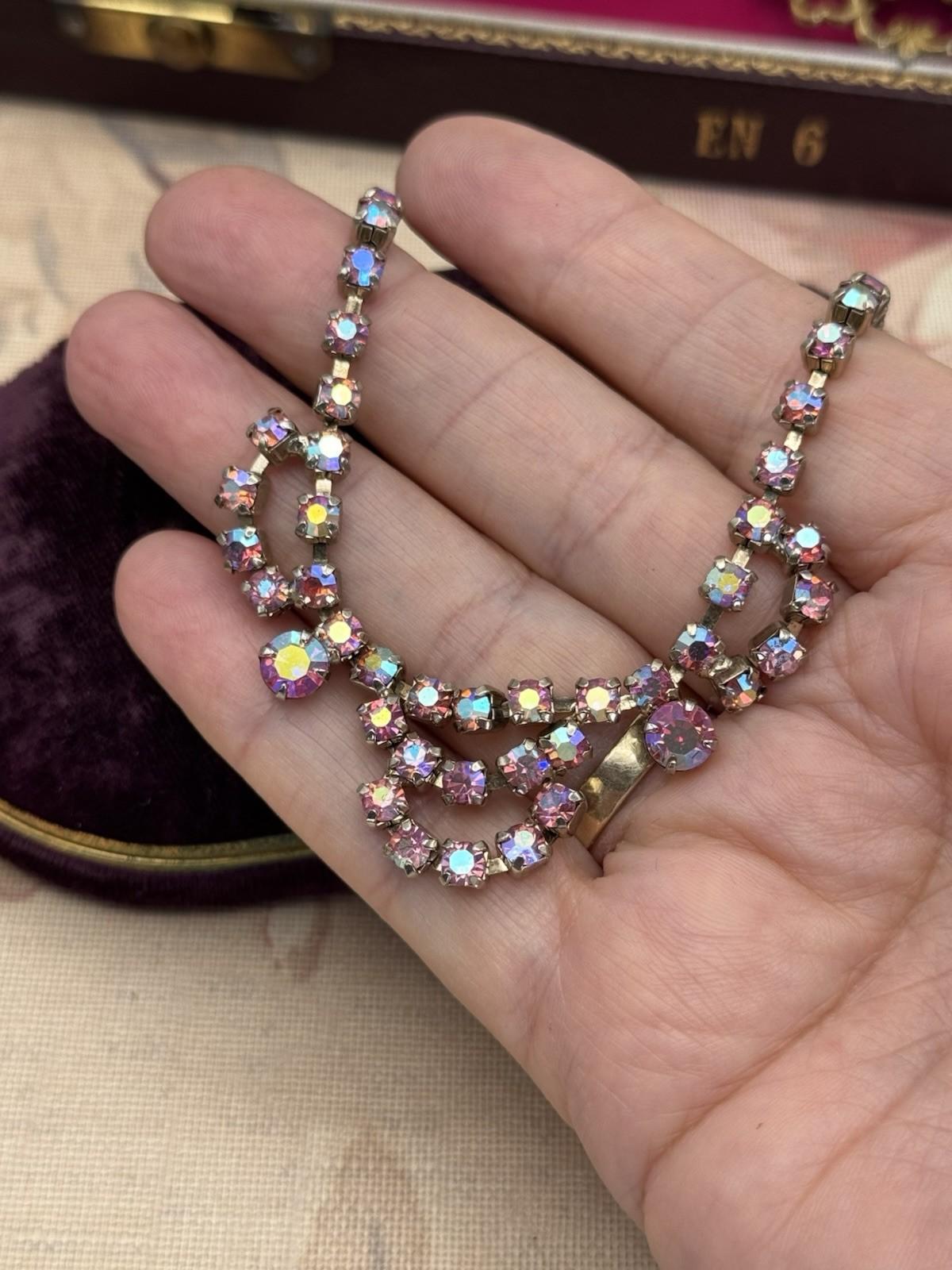 Vintage Pink Necklace Aurora Borealis Rhinestone Crystal Choker Hook 17” x .75”