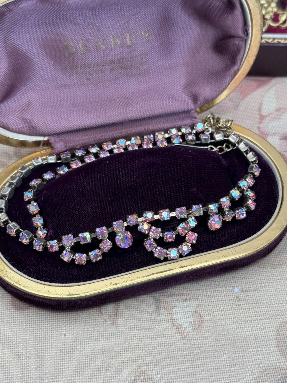 Vintage Pink Necklace Aurora Borealis Rhinestone Crystal Choker Hook 17” x .75”