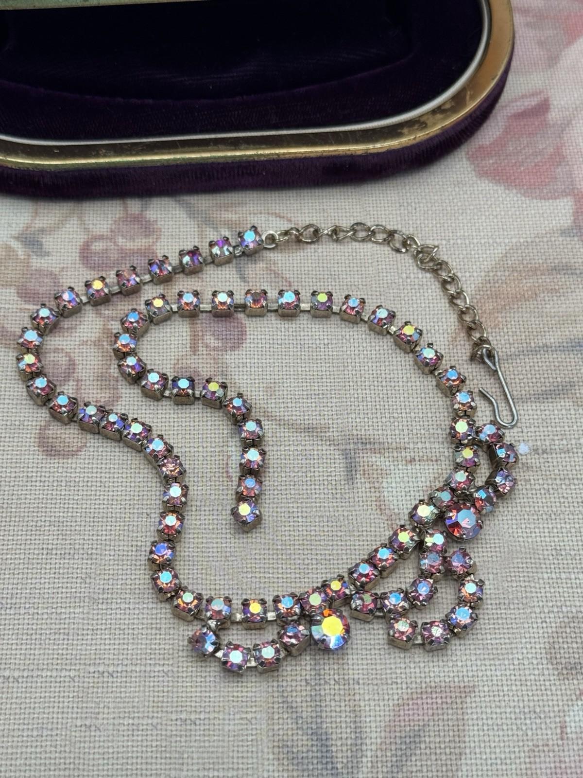 Vintage Pink Necklace Aurora Borealis Rhinestone Crystal Choker Hook 17” x .75”