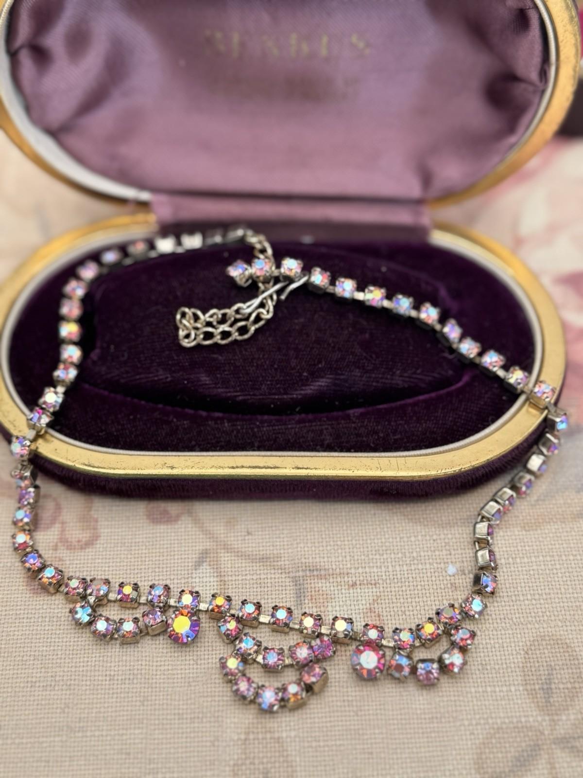 Vintage Pink Necklace Aurora Borealis Rhinestone Crystal Choker Hook 17” x .75”