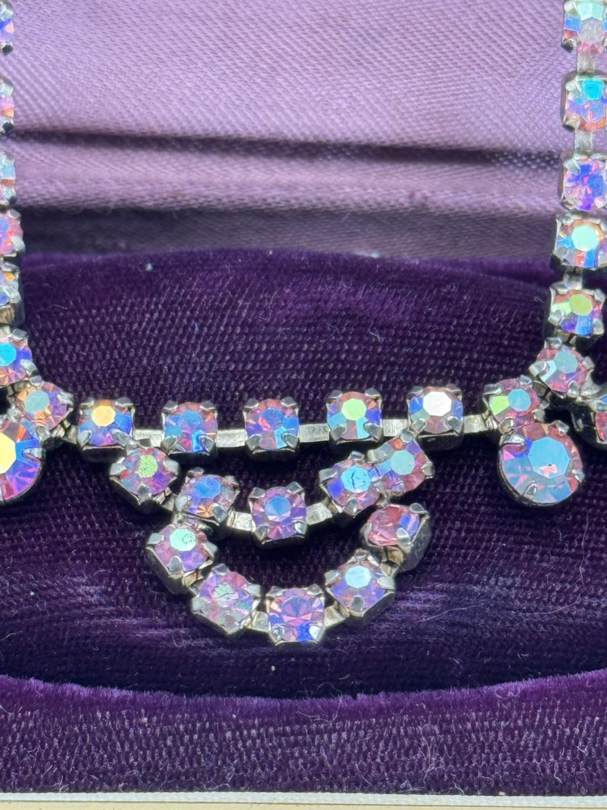 Vintage Pink Necklace Aurora Borealis Rhinestone Crystal Choker Hook 17” x .75”