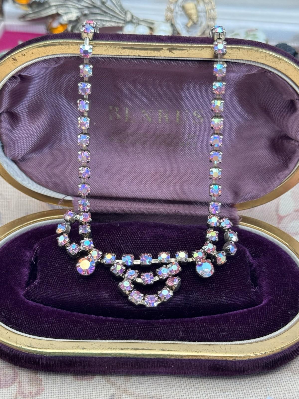 Vintage Pink Necklace Aurora Borealis Rhinestone Crystal Choker Hook 17” x .75”