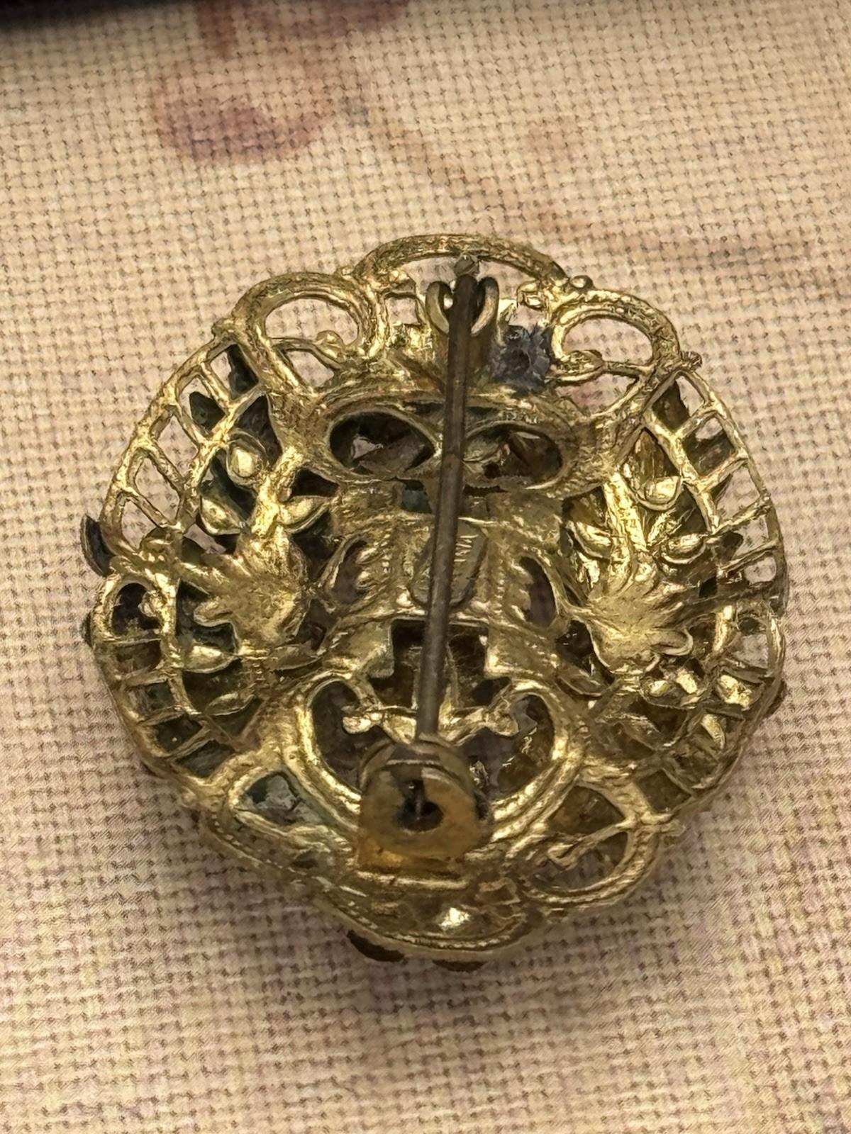 Vintage Czech Brooch Filigree Enamel Milk Glass Floral 1.57” x 1.18”