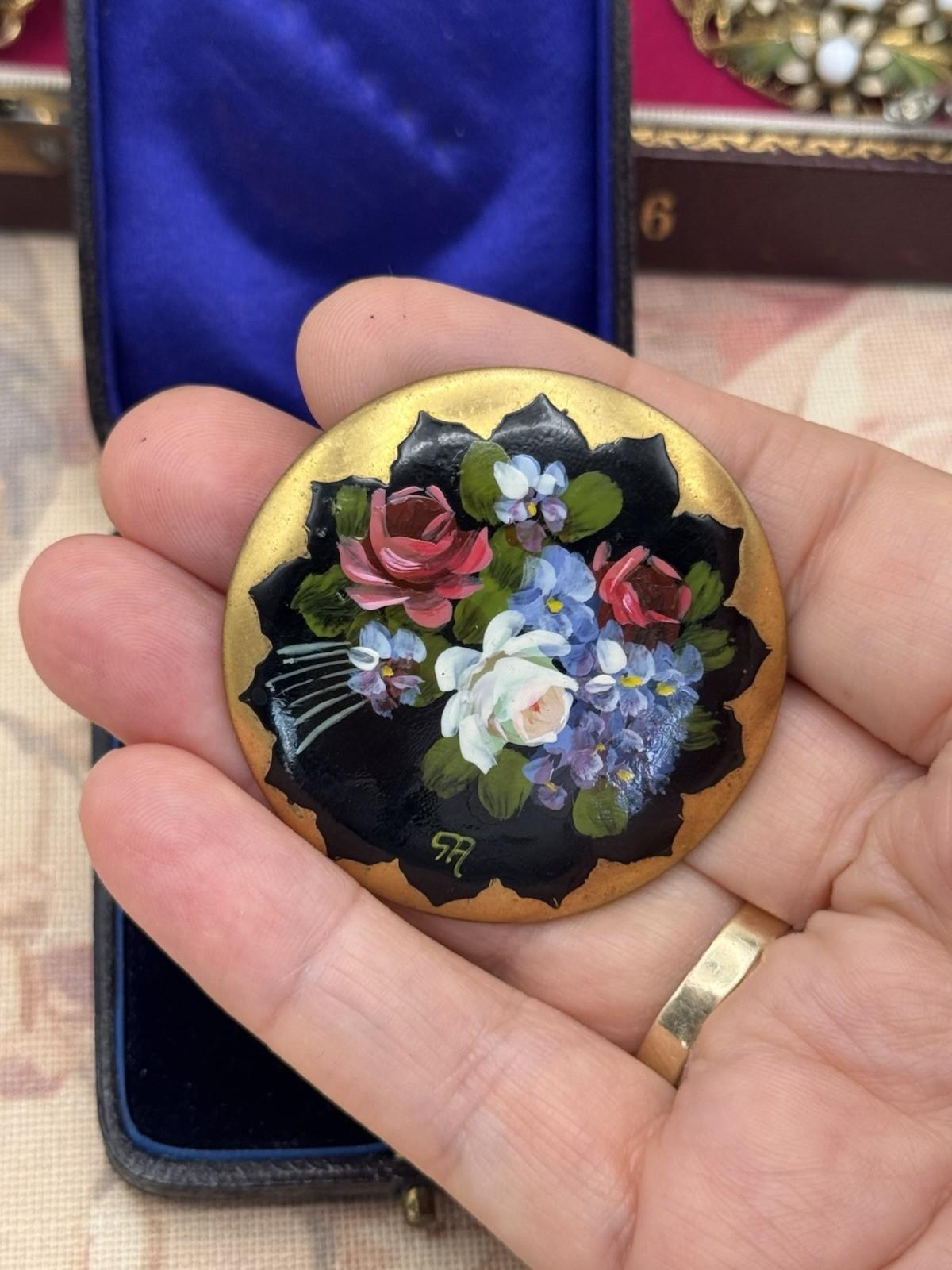Hand Painted Floral Brooch Antique Enamel on Metal Trombone Clasp 2” Signed