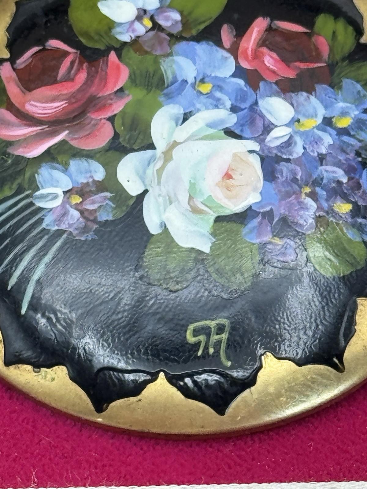 Hand Painted Floral Brooch Antique Enamel on Metal Trombone Clasp 2” Signed