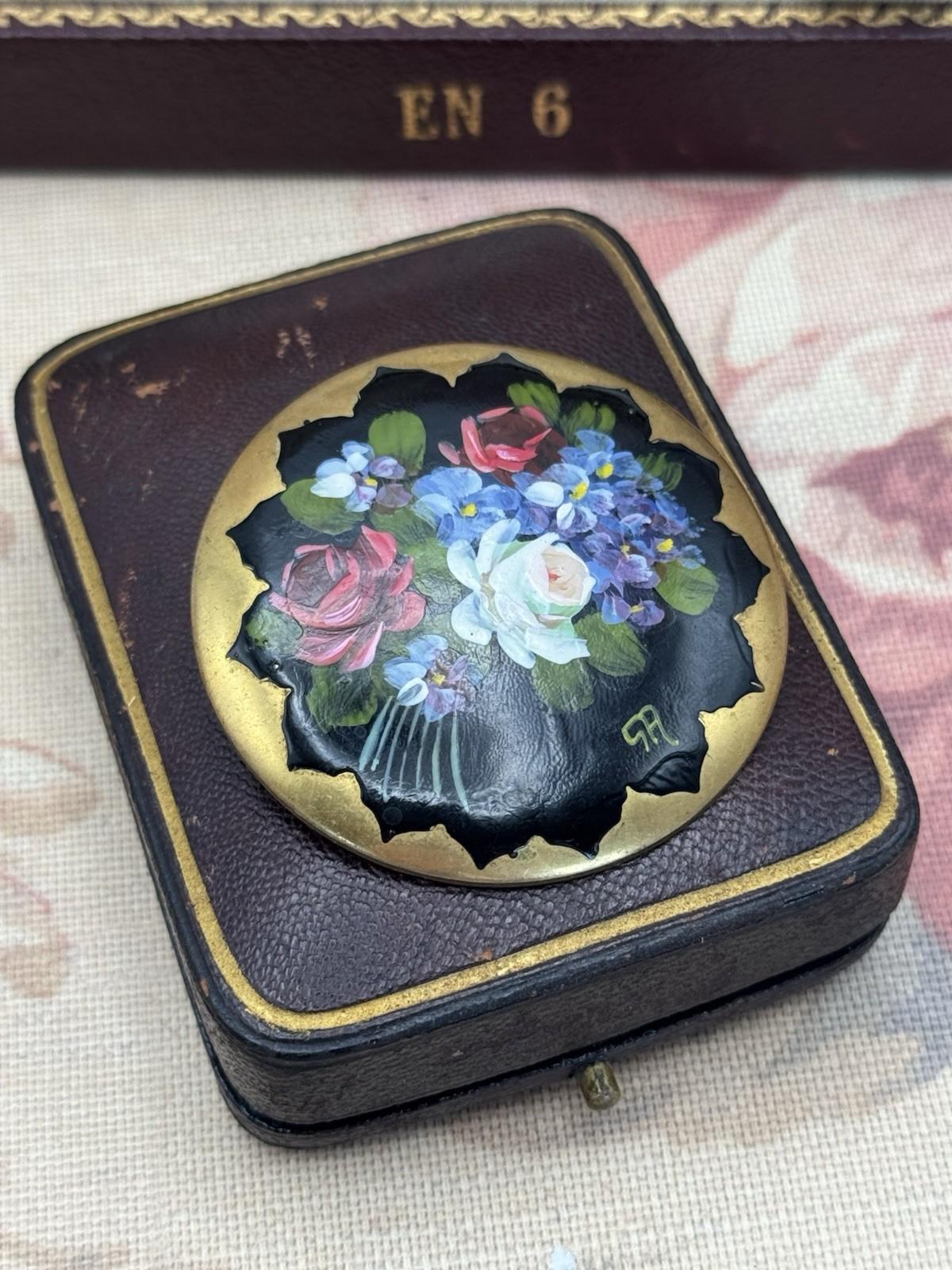 Hand Painted Floral Brooch Antique Enamel on Metal Trombone Clasp 2” Signed