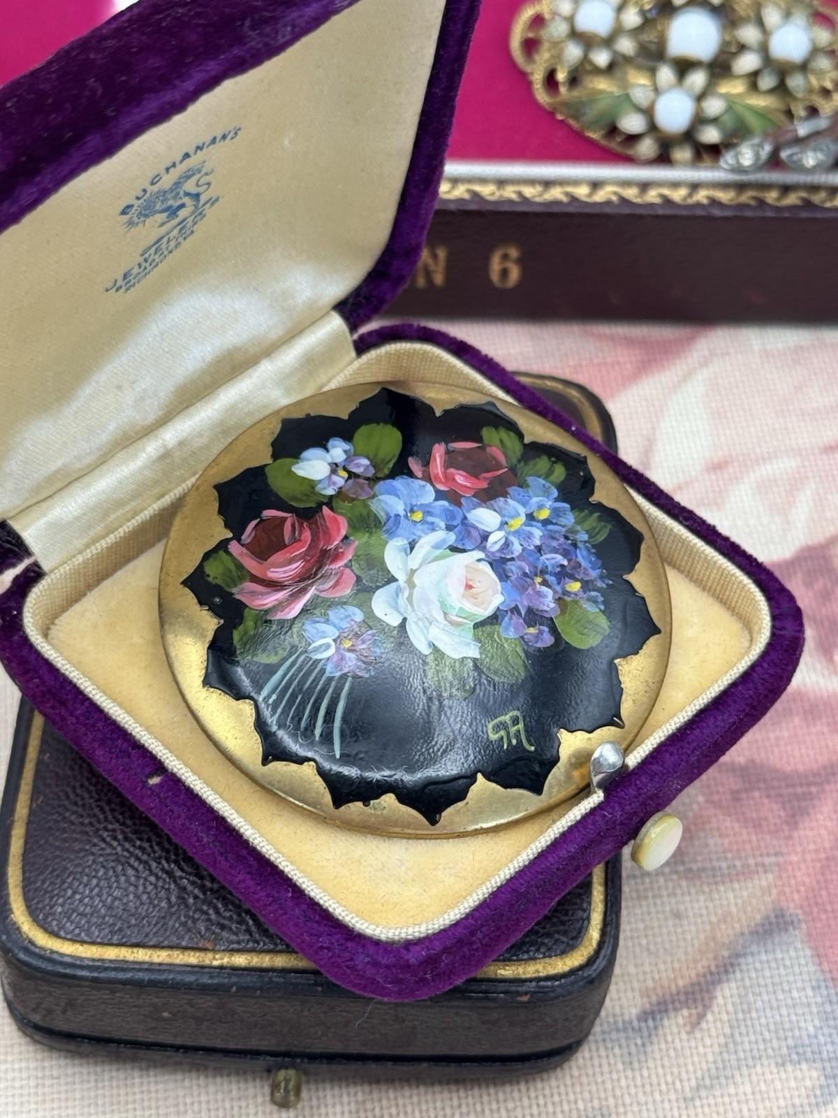 Hand Painted Floral Brooch Antique Enamel on Metal Trombone Clasp 2” Signed