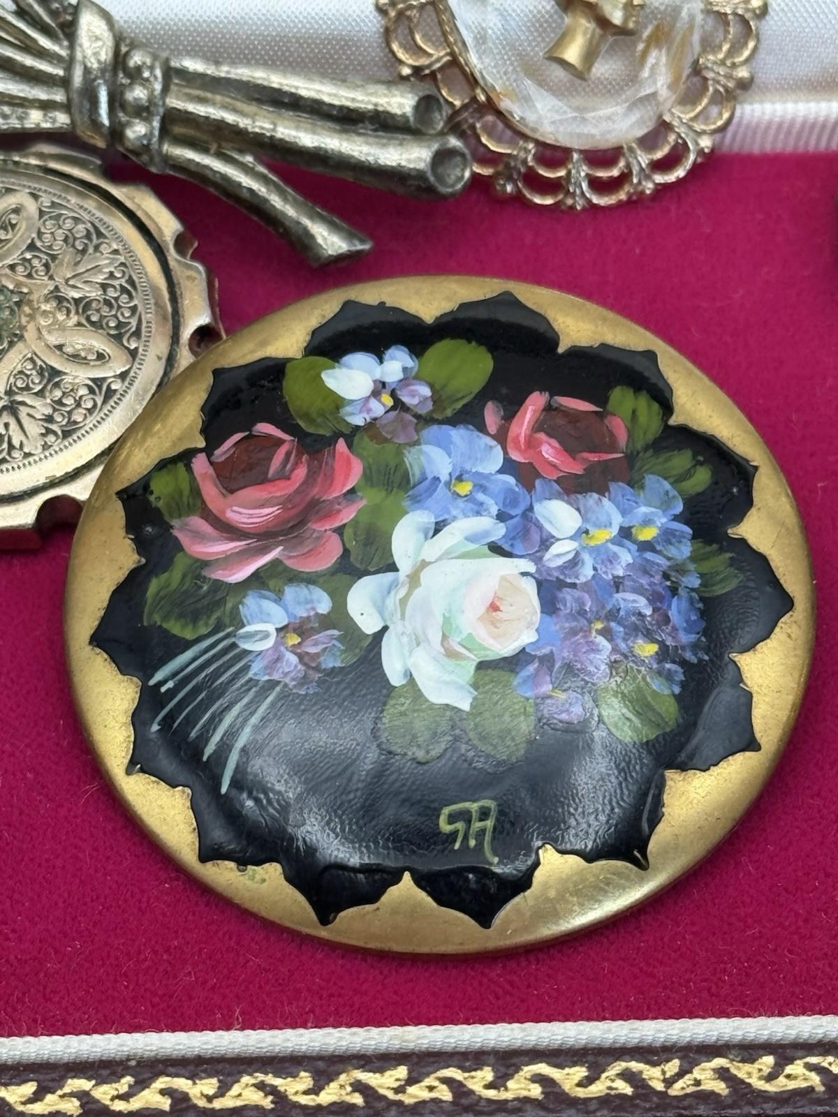 Hand Painted Floral Brooch Antique Enamel on Metal Trombone Clasp 2” Signed