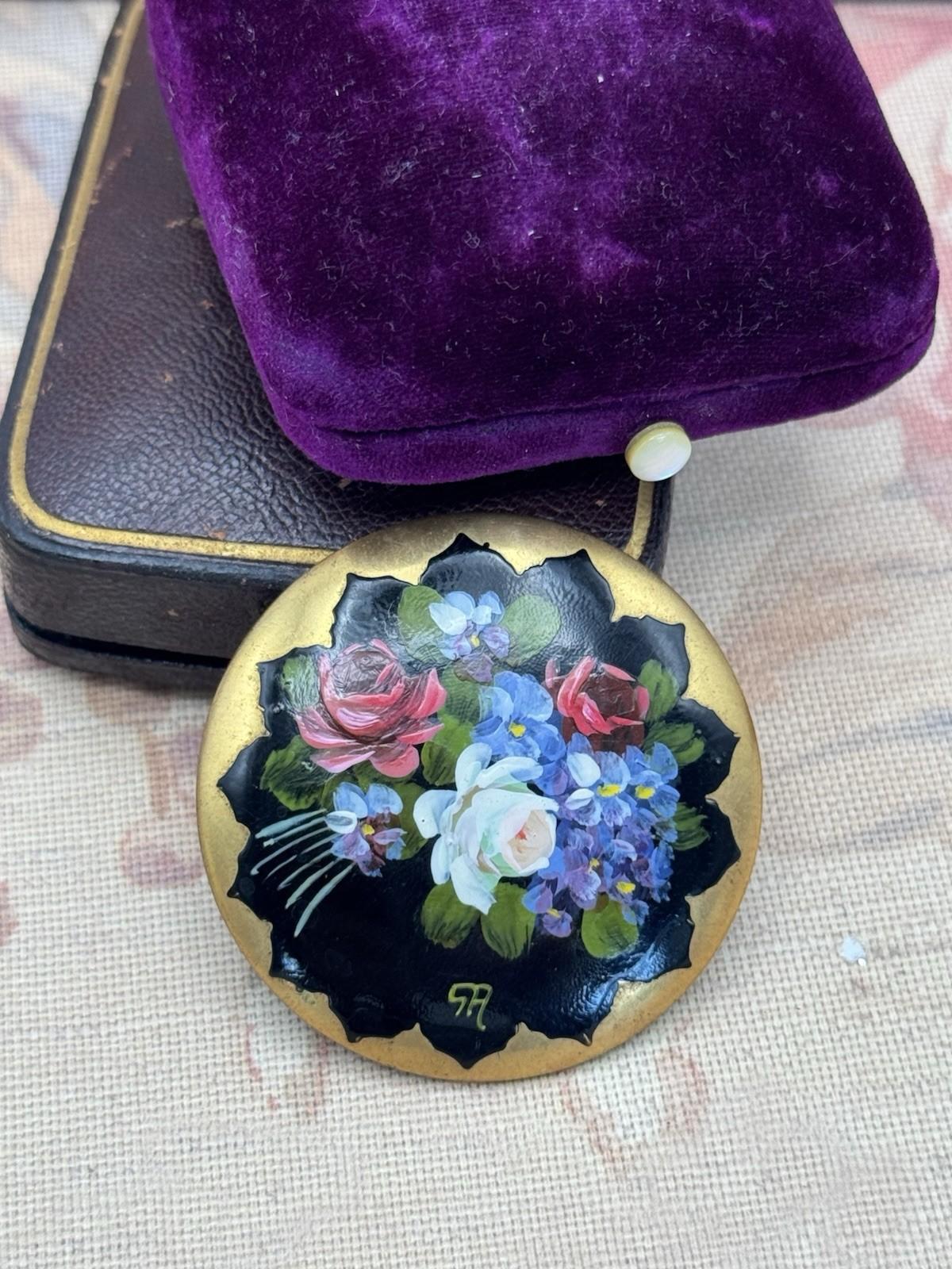 Hand Painted Floral Brooch Antique Enamel on Metal Trombone Clasp 2” Signed