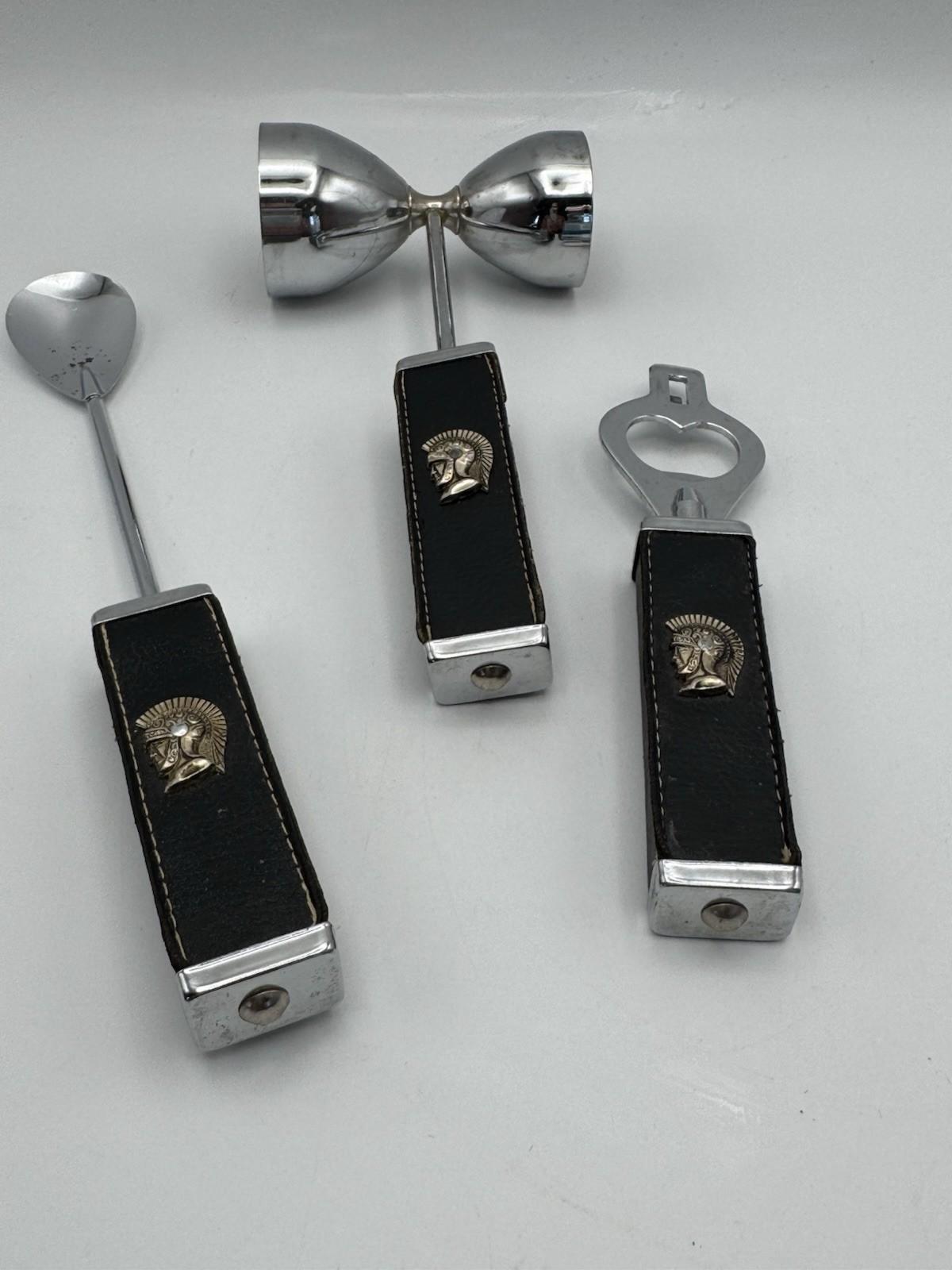 Vintage Barware Set Leather Handles 1960s Trojan Helmet Jigger Opener