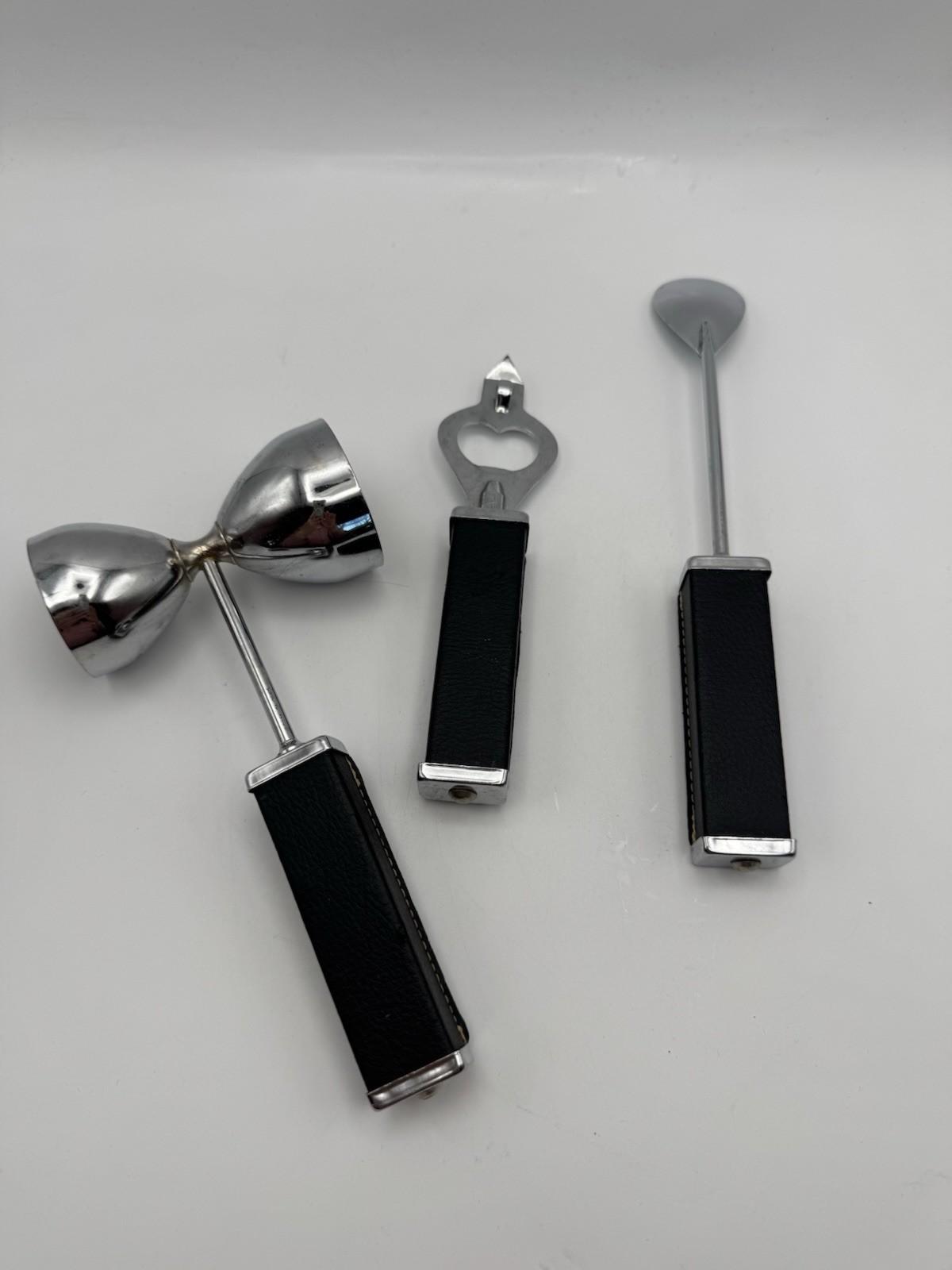 Vintage Barware Set Leather Handles 1960s Trojan Helmet Jigger Opener