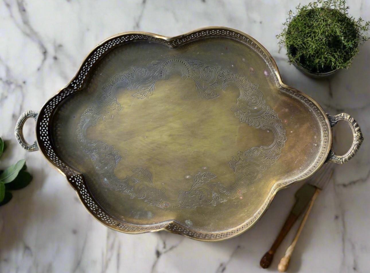 Vintage Tray Footed Gallery Brass AGED Handles Ornate Engraved Serving Tray