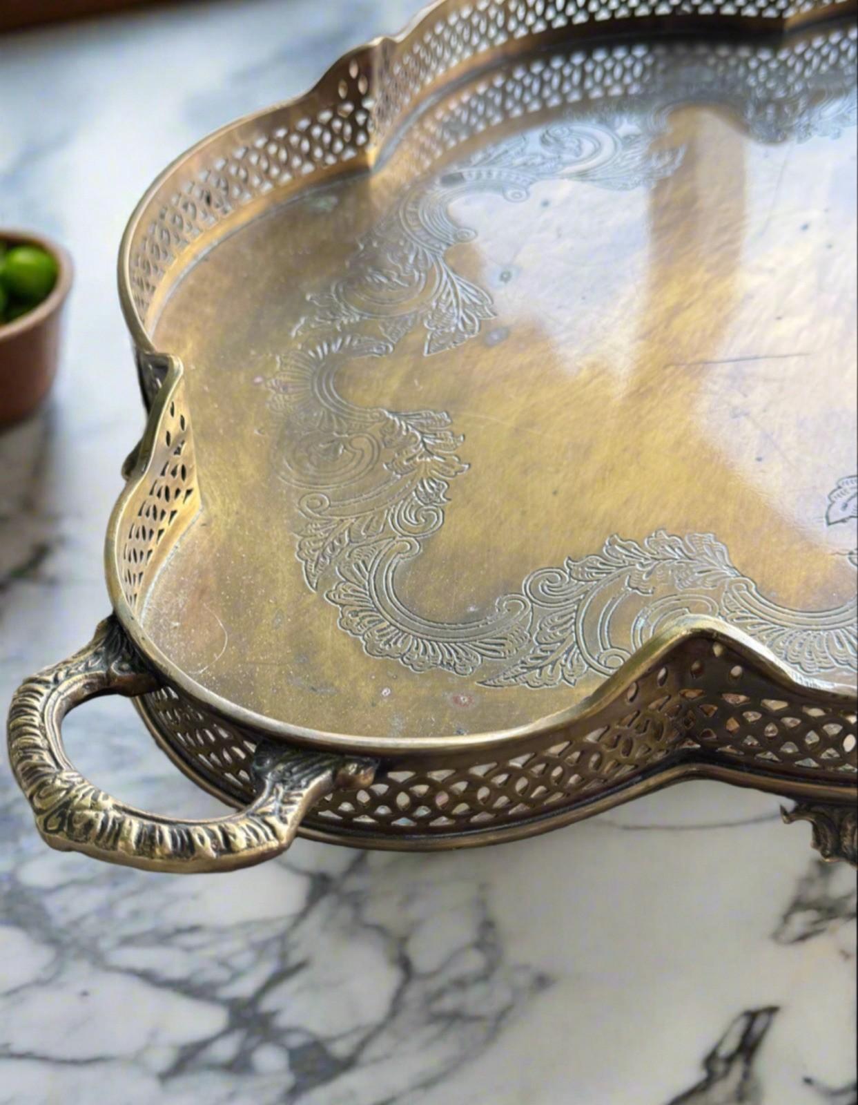 Vintage Tray Footed Gallery Brass AGED Handles Ornate Engraved Serving Tray